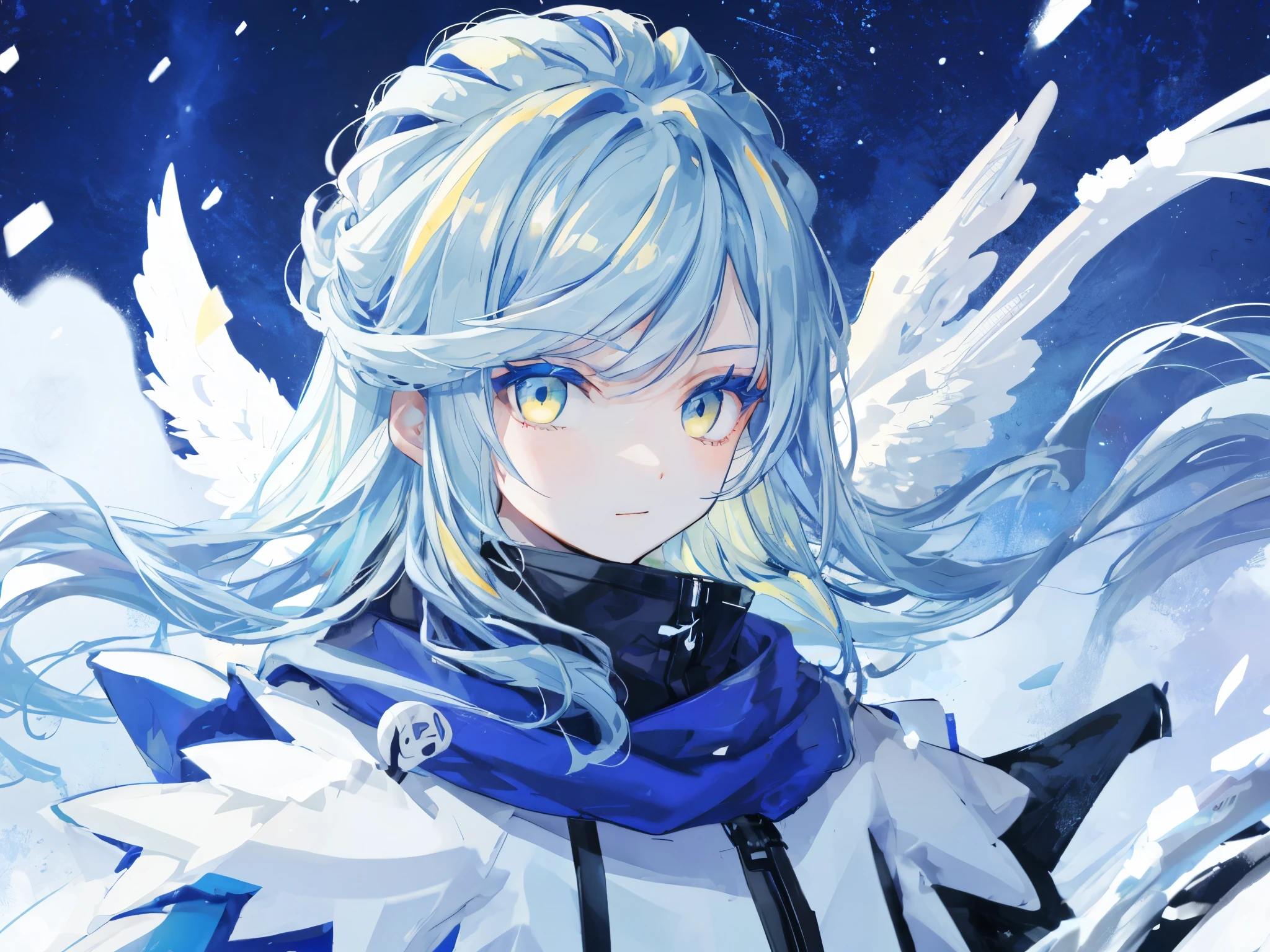 highest quality、highest quality、Super detailed、perfect face、very detailed、very delicate、1 boy, (cute), Angel, light blue hair、half up、place々blue mesh、blue and yellow gradient eyes、noble clothes、snow mountain、snow blowing、nature、detailed background