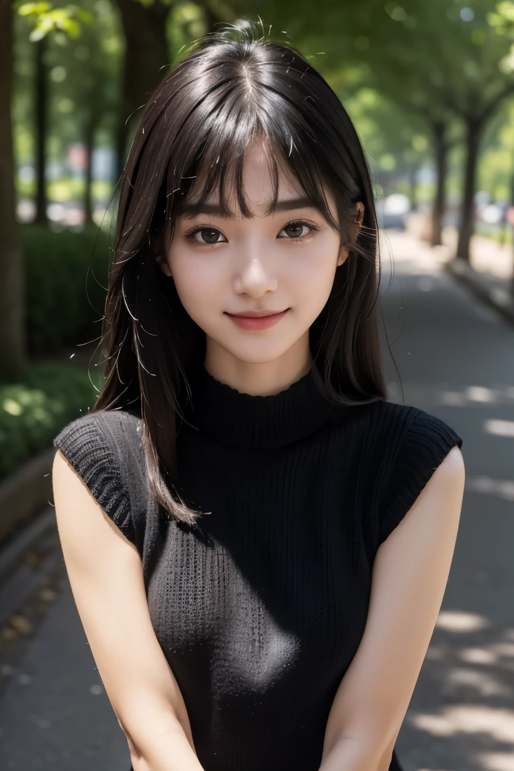 (highest quality,masterpiece:1.3,ultra high resolution),(Super detailed,caustics,8k),(realistic:1.4,RAW shooting),1 girl,(Look at the camera with a smile),20-year-old,、cute,Japanese,black hair、messy hair、face focus,Natural light,Lens flare,professional writing,thin eyebrows、flat bangs、perfect anatomy、A natural shadow、(small tits:1.2)、natural shadow、(Black knitted dress:1.3)