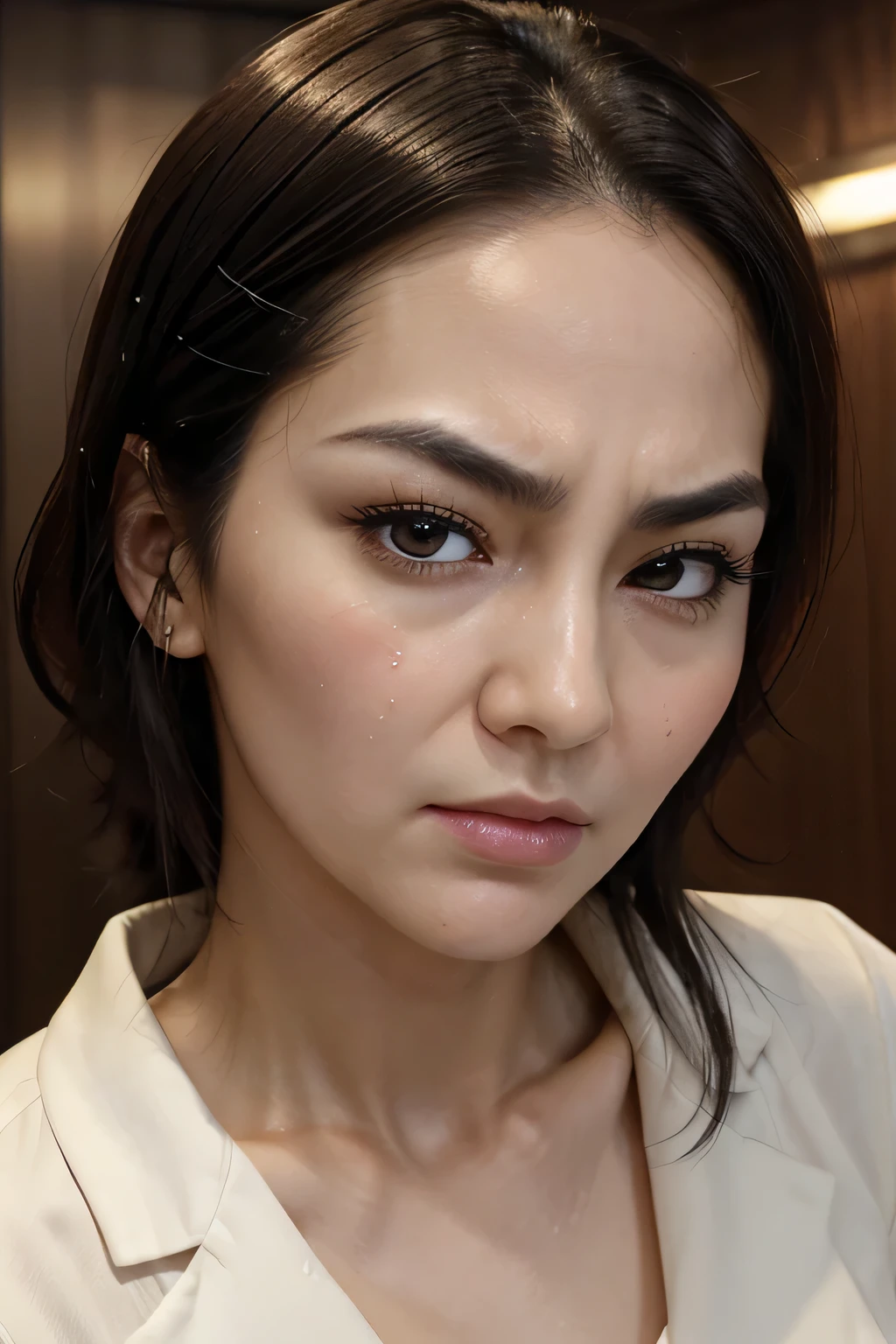 beautiful japanese,1 girl(masterpiece:1.2, highest quality), (realistic, photorealistic:1.4),, focus the eyes clearly, nose and mouth,face focus, super close up of face、 35 years old,black hair、symmetrical face,realistic nostrils、Angle from below、Elongated C-shaped nostril NSFW,(sharp nose)skin shining with sweat、shiny skin((thin eyebrows))oily skin、radiant glowing skin、double eyelid、Beautiful woman、medium hair,sharp nose(inside the elevator)((half-closed eyes,furrowed brow,frown,heavy breathing, moaning,heavy breathing,screaming, tearing up,scowl, crazy eyes, raised eyebrows, glaring, scowl)looking at viewer,look of disdain,Condescending face,