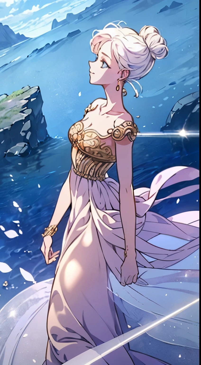 (masterpiece, best quality:1.1), thief (dq3), 1girl, solo, short hair, white hair, blue eyes, medium breasts, pink gloves, jewelry, pearl necklace, earrings, belt, sword, yellow breastplate, black bodysuit, bag, (coin, sword on hip:1.2), (dutch angle, dynamic pose, from side:1.3), (blue skies, nature:1.2)