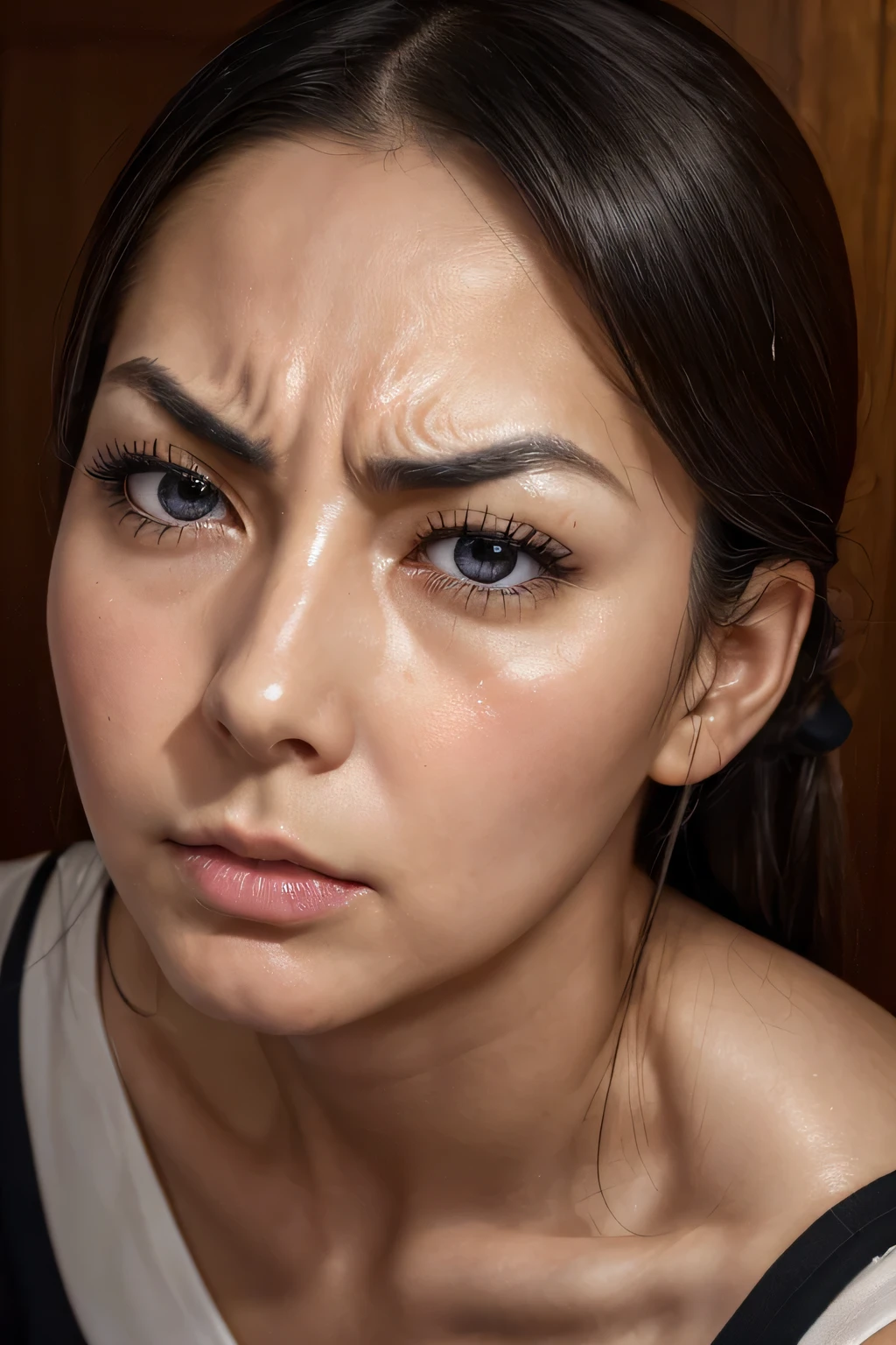 beautiful japanese,1 girl(masterpiece:1.2, highest quality), (realistic, photorealistic:1.4),, focus the eyes clearly, nose and mouth,face focus, super close up of face、 35 years old,black hair、symmetrical face,realistic nostrils、Angle from below、Elongated C-shaped nostril NSFW,(sharp nose)skin shining with sweat、shiny skin((thin eyebrows))oily skin、radiant glowing skin、double eyelid、Beautiful woman、medium hair,sharp nose(inside the elevator)((half-closed eyes,furrowed brow,frown,heavy breathing, moaning,heavy breathing,screaming, tearing up,scowl, crazy eyes, raised eyebrows, glaring, scowl)looking at viewer,look of disdain,Condescending face,