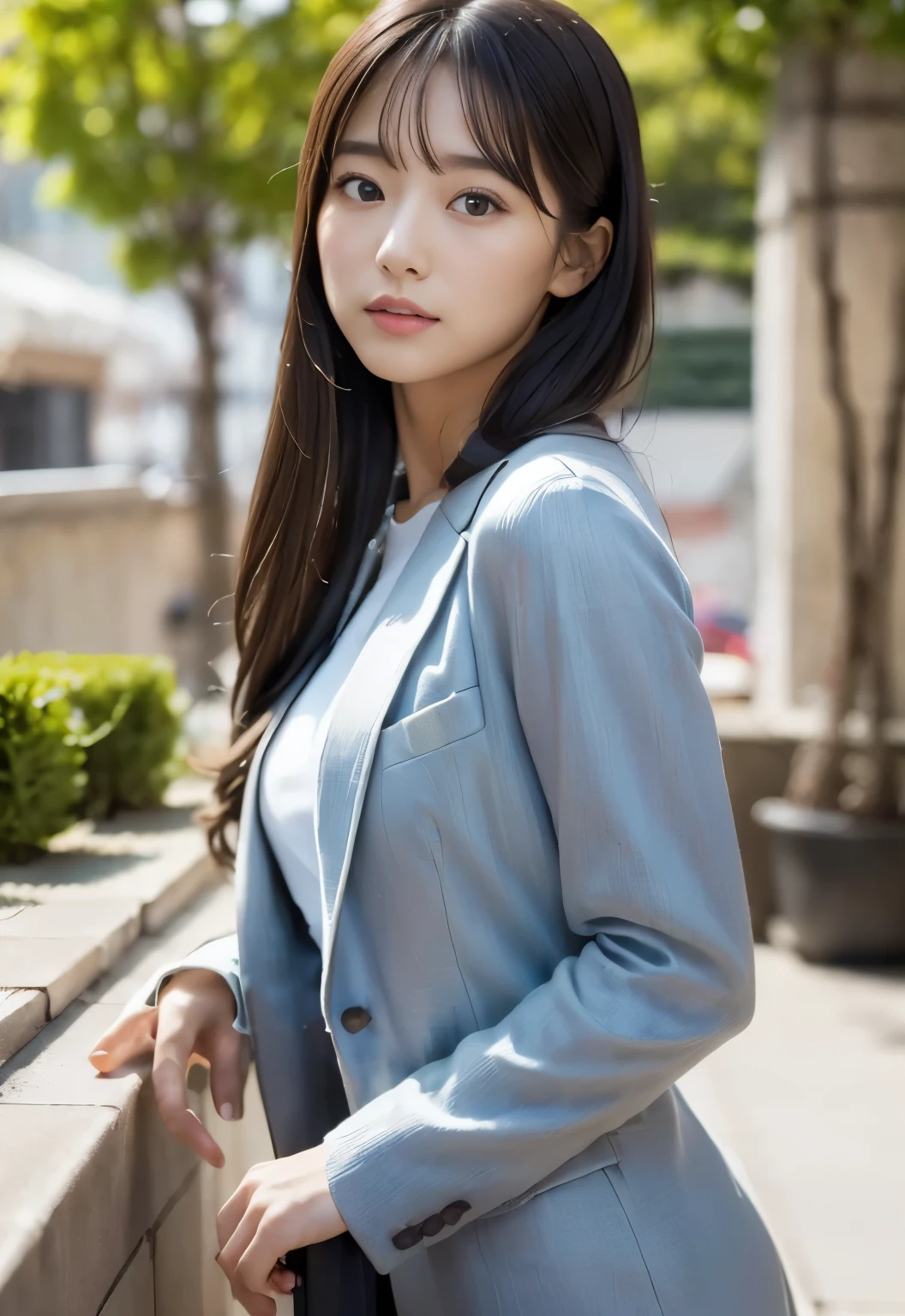 (((terrace:1.3, outdoor, Photographed from the front))), ((long hair:1.3, suit, japanese woman,cute)), (clean, natural makeup), (highest quality, masterpiece:1.3, 超High resolution), (Super detailed, caustics), (realistic:1.4, RAW shooting), very detailed, High resolution, 16K resolution