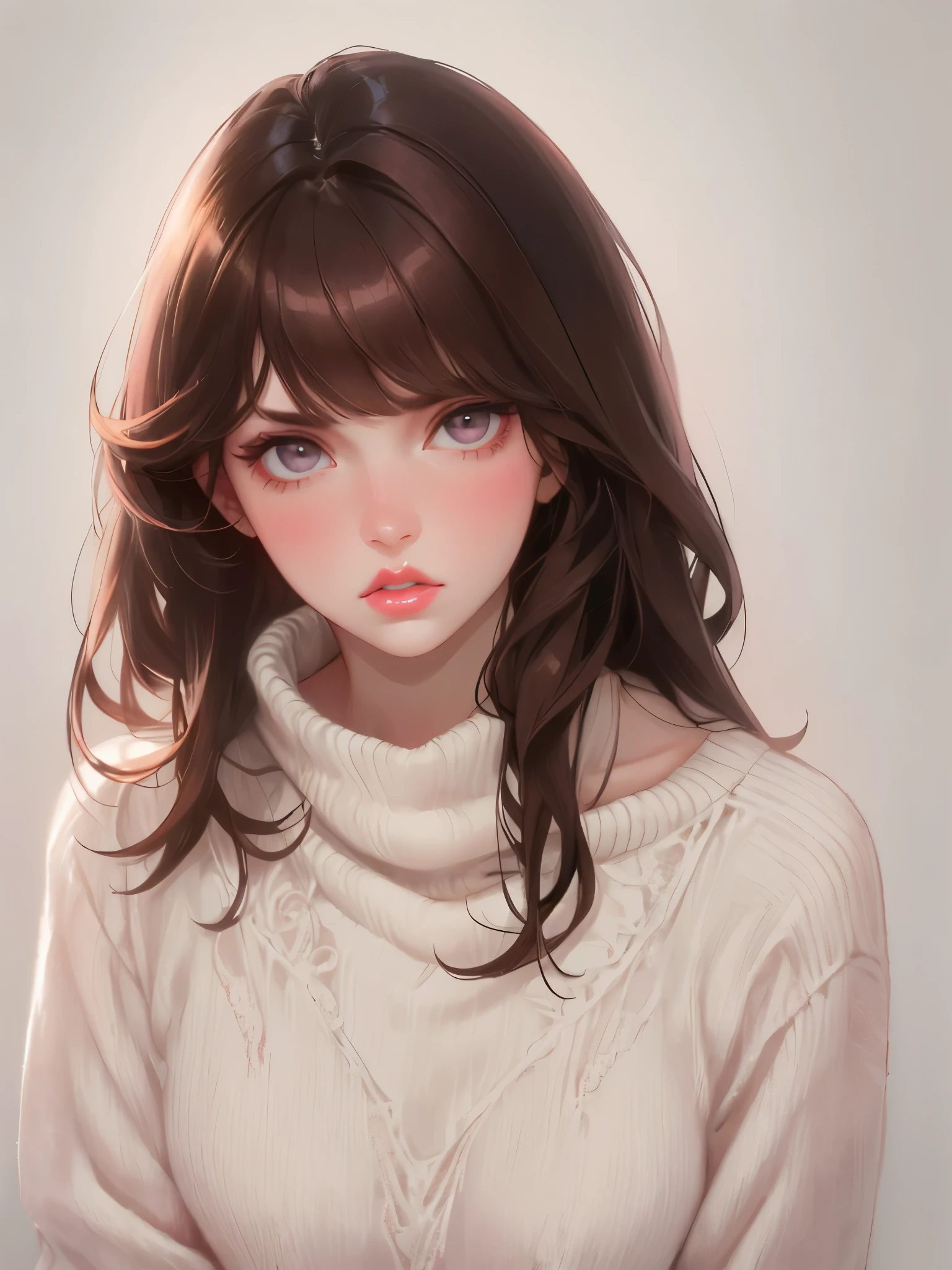 Girl, long soft brown hair, gray eyes, sharp features, white skin, pink lips, soft and delicate, sweater