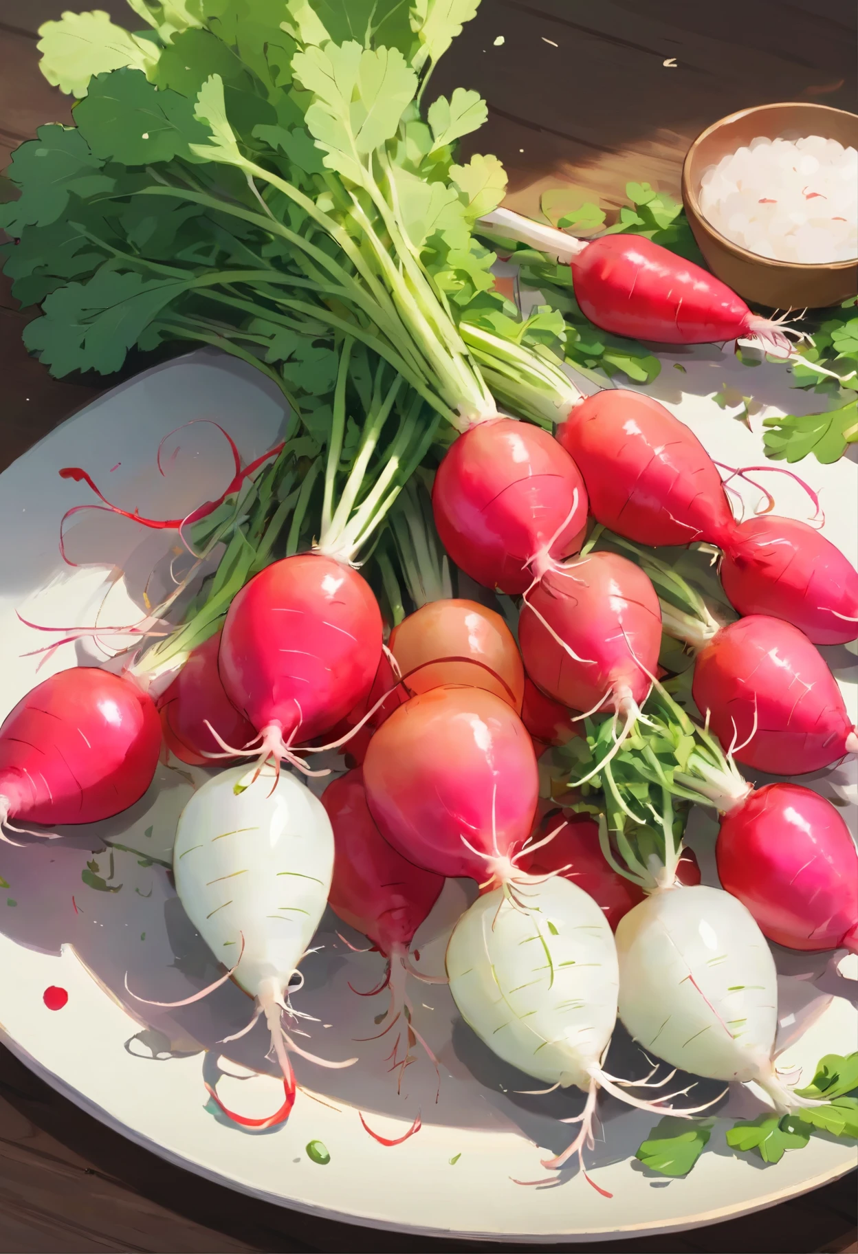 beautifully arranged radish on a table,delicate stems with tender tips,crisp and fresh,artistic presentation,naturally vibrant colors,(best quality,4k,8k,highres,masterpiece:1.2),ultra-detailed,realistic:1.37,close-up details,textured green shoots,studio lighting,subtle shadows,aesthetic appeal,culinary inspiration,wholesome and healthy,