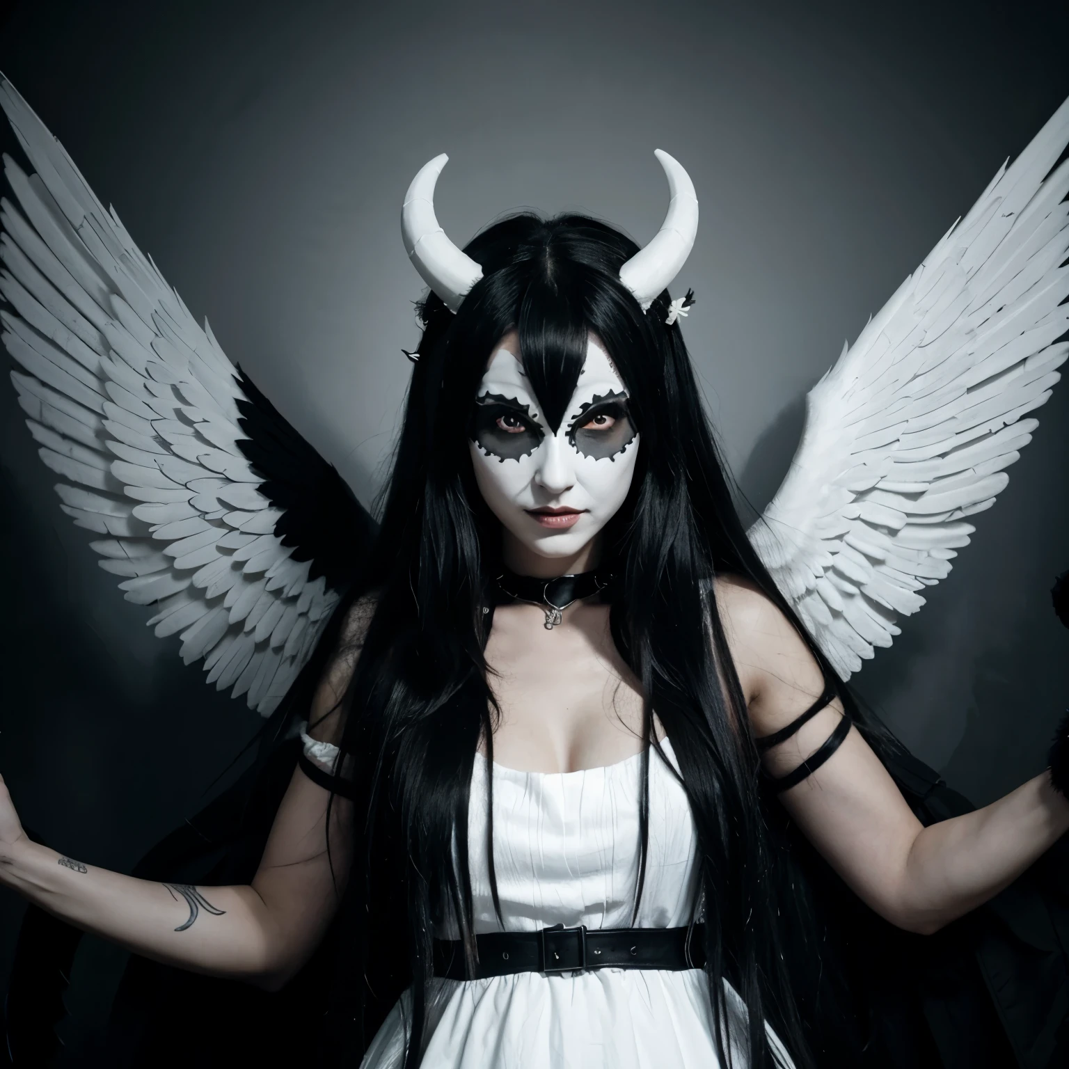 A black and white women, long black and white hair, black and white comedy mask, black and white demon horns, white halo, black and white dress, black claws, black and white angel wings, a god, a beautiful women