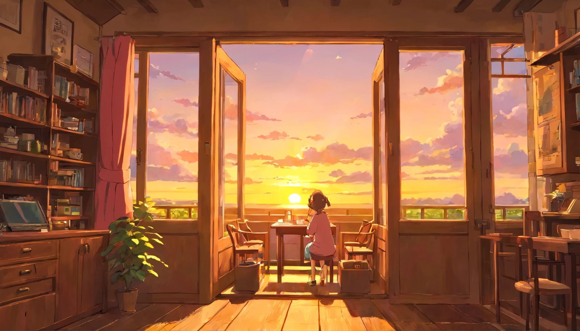 anime、Listening to music through headphones、girl、Sunset through the window、Kage、dim、room with table、girlはテーブルに肘をついて座っている。