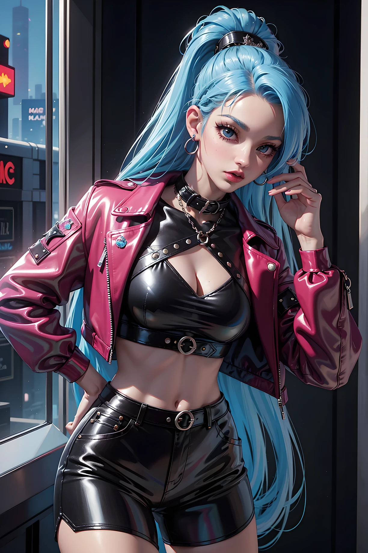 (((Masterpiece))), a top influencer woman, top quality, super detailed, sassy and punk, retro wave style, fair skin, long blue hair punk style, holographic bralette, ornate black leather pants, retro wave city background