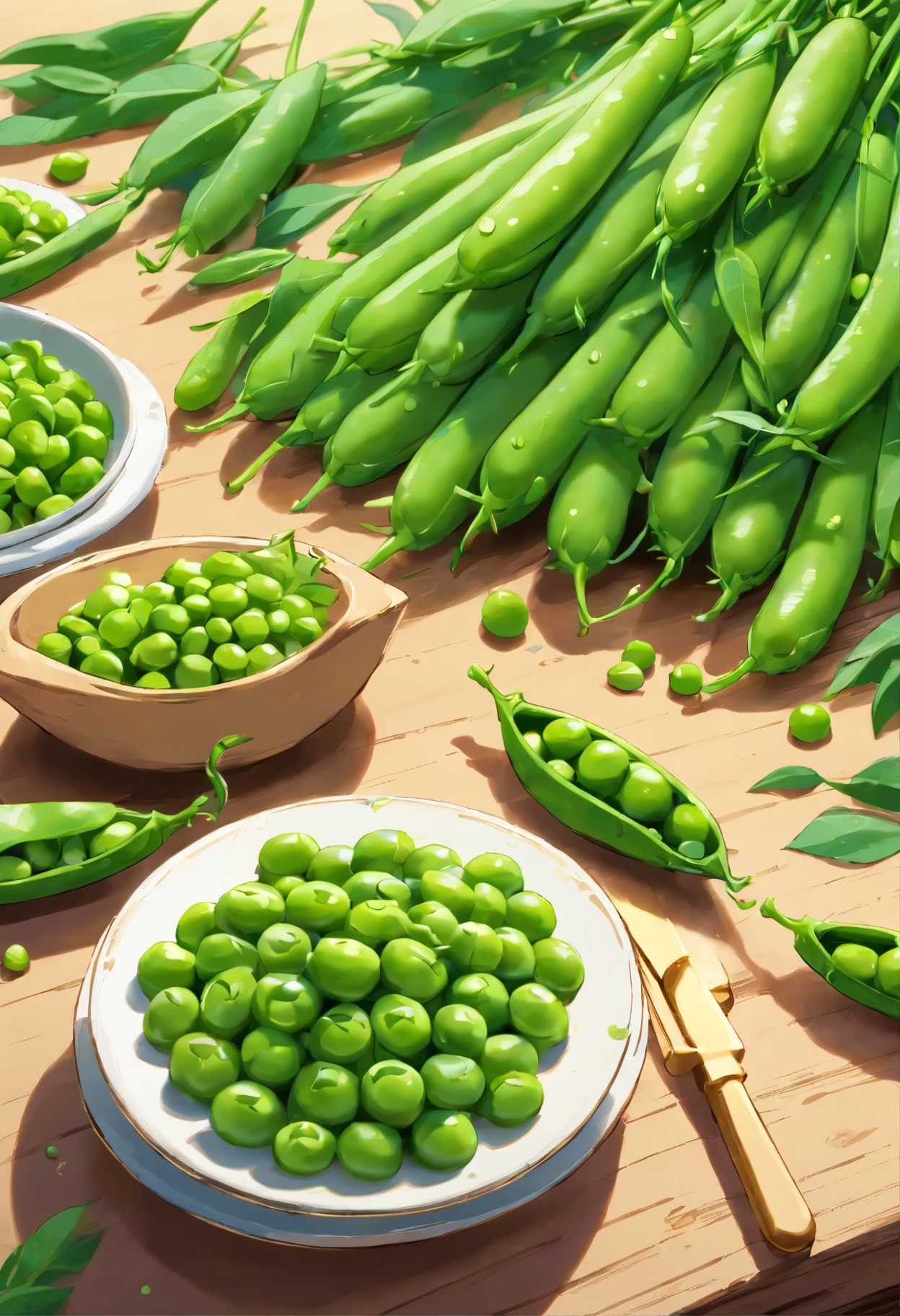 beautifully arranged peas on a table,delicate stems with tender tips,crisp and fresh,artistic presentation,naturally vibrant colors,(best quality,4k,8k,highres,masterpiece:1.2),ultra-detailed,realistic:1.37,close-up details,textured green shoots,studio lighting,subtle shadows,aesthetic appeal,culinary inspiration,wholesome and healthy,