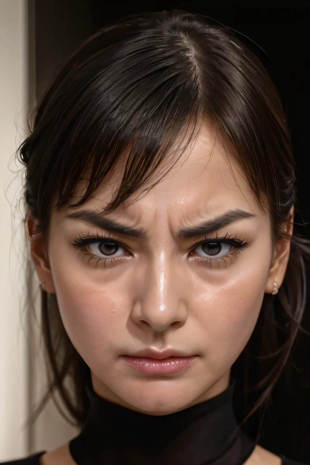 beautiful japanese,1 girl(masterpiece:1.2, highest quality), (realistic, photorealistic:1.4),, focus the eyes clearly, nose and mouth,face focus, super close up of face、 35 years old,black hair、symmetrical face,realistic nostrils、Angle from below、Elongated C-shaped nostril NSFW,(sharp nose)skin shining with sweat、shiny skin((thin eyebrows))oily skin、radiant glowing skin、double eyelid、Beautiful woman、medium hair,sharp nose(inside the elevator)((half-closed eyes,furrowed brow,frown,heavy breathing, moaning,heavy breathing,screaming, tearing up,scowl, crazy eyes, raised eyebrows, glaring, scowl)looking at viewer,look of disdain,Condescending face,