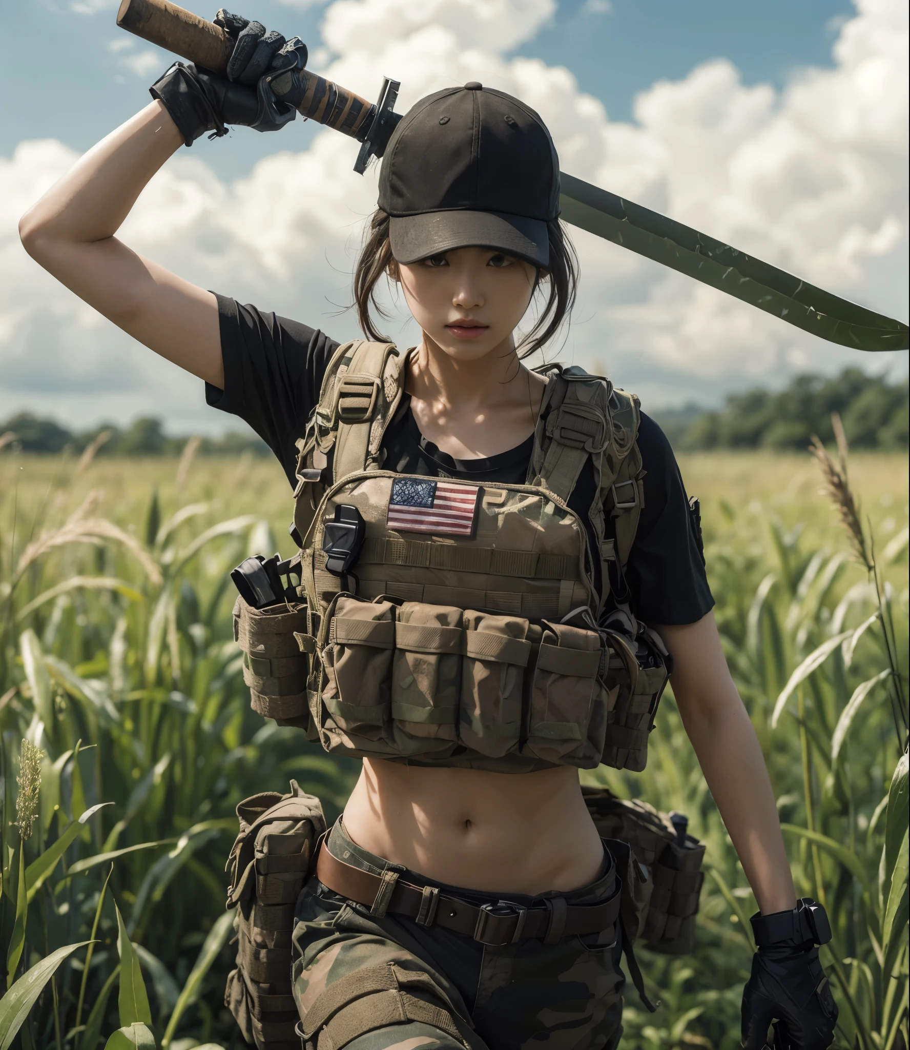 8K,realistic photo、realistic skin texture、A beautiful Japanese woman belonging to the American military is in the jungle.、bulletproof vest、、with caution、Backpack、wearing a baseball cap、Proceed while mowing down Vine with a large machete、moving action pose、、Dramatic and bold composition、、Zoom out