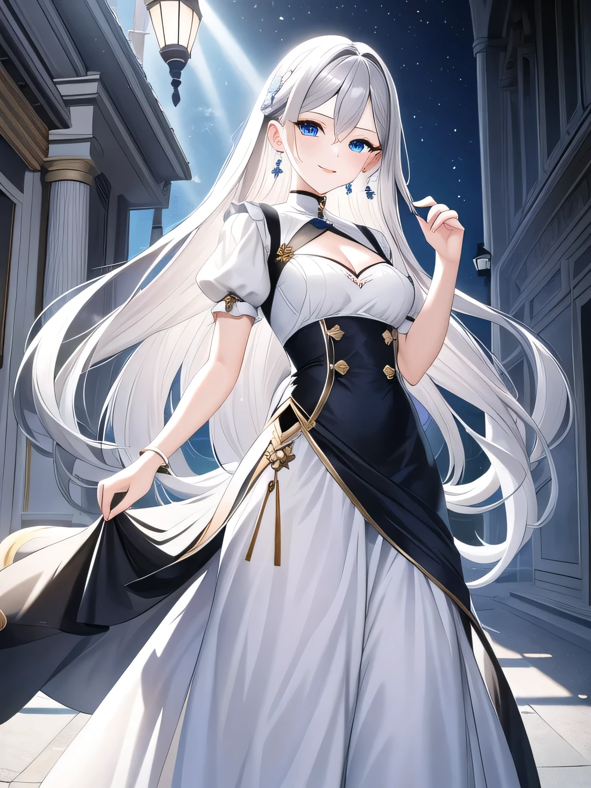 (masterpiece), highest quality, blue eyes, light gray hair,(The left half has short bob hair、Straight long hair on the right side)、expressive eyes, Palace courtyard,mysterious sight , highlight, dramatic lights, white and black fluffy clothes、long skirt、earrings、smiling expression、((small breasts))、