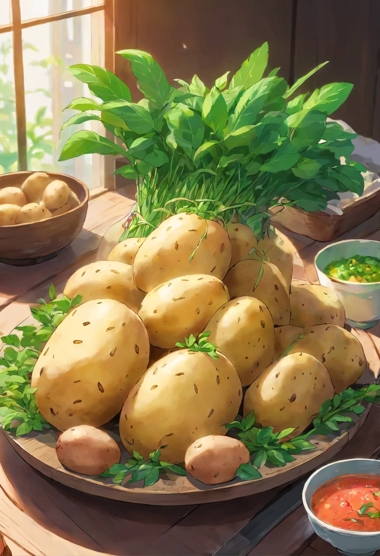 beautifully arranged potato on a table,delicate stems with tender tips,crisp and fresh,artistic presentation,naturally vibrant colors,(best quality,4k,8k,highres,masterpiece:1.2),ultra-detailed,realistic:1.37,close-up details,textured green shoots,studio lighting,subtle shadows,aesthetic appeal,culinary inspiration,wholesome and healthy,