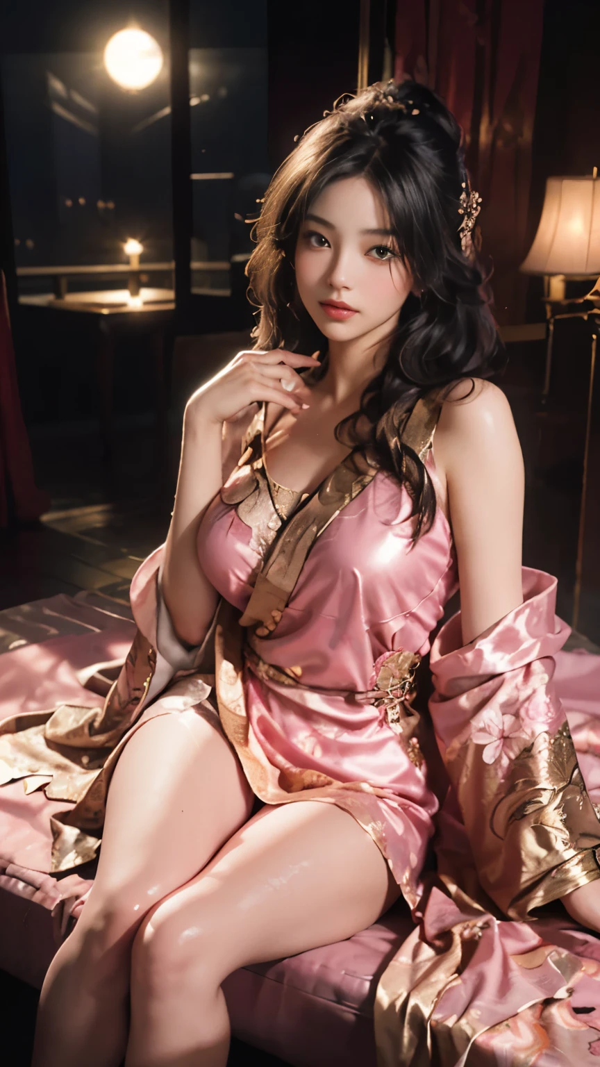 Lying on a chaise longue, the art depicts a charming woman in a flowing, silky traditional oriental dress in pink, tight translucent trousers, decorated with intricate patterns and bright colors. Her dress drapes elegantly over her curvy figure, accentuating her seductive silhouette. She knelt gracefully by the tranquil lotus lake, bathed in the soft glow of the moonlight. The scene exudes an ethereal and dreamy atmosphere, with a touch of mystery and sexiness. The graphic style blends watercolor and digital illustration techniques to evoke a refined beauty and charm. The lights are filled with soft moonlight, casting soft highlights and shadows on her charming features. Bare thighs, wearing tight translucent pants, big breasts, three-dimensional facial features, lying on a chaise longue, upturned legs, side braids, 2 hands, 2 legs