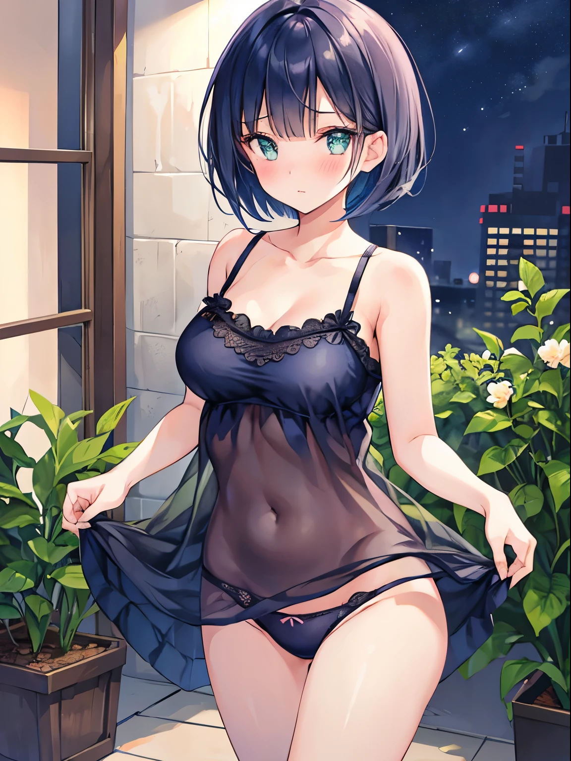 1girl in,Navy blue bob hair,Navy green eyes,Cute,blush, medium , cute eyes, Changing clothes, underwear is visible, night wear