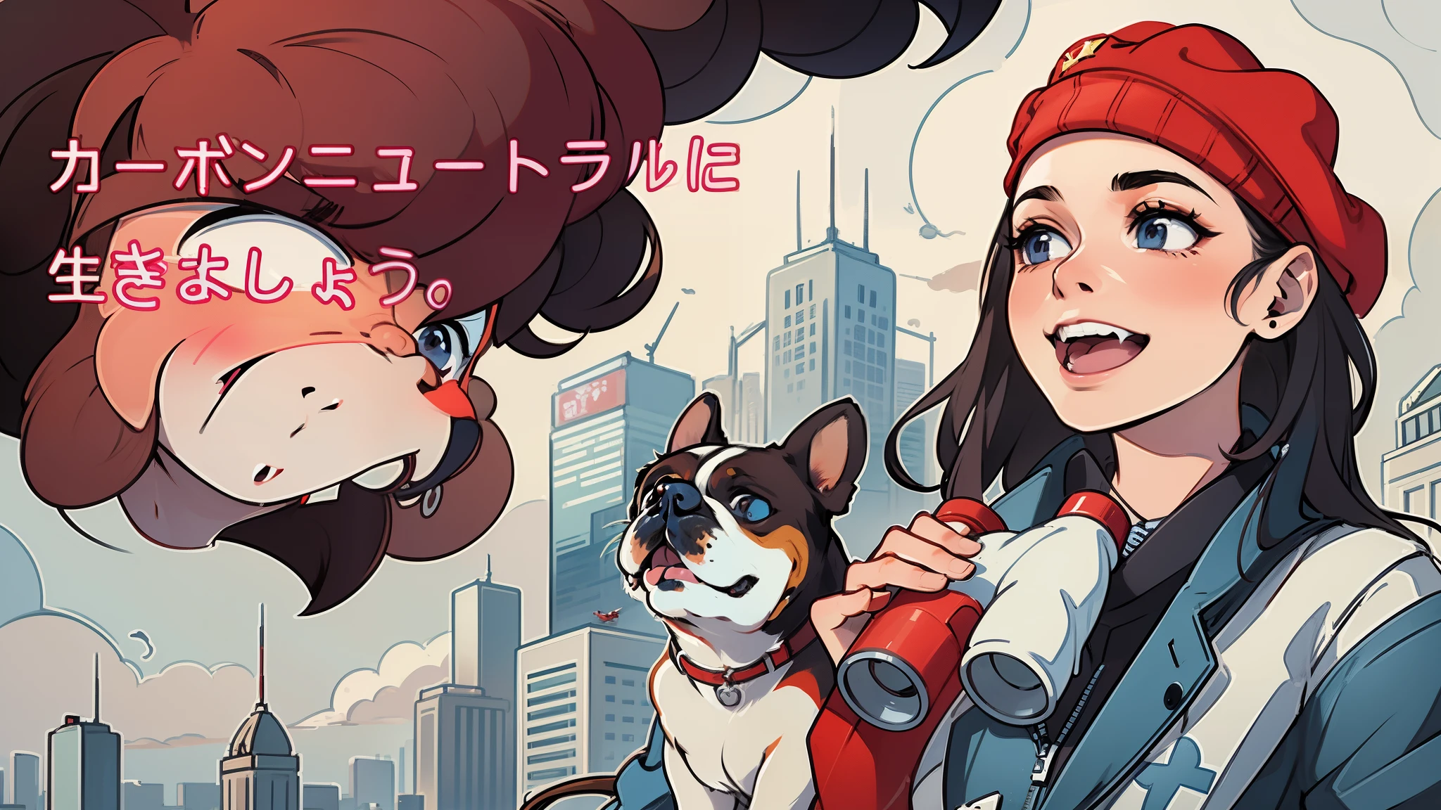 Smiling woman in a red beret holding a dog and binoculars with the city in the background, bulldog, wide image, facing left, advertising image, null!,, With the dog, portrait shot