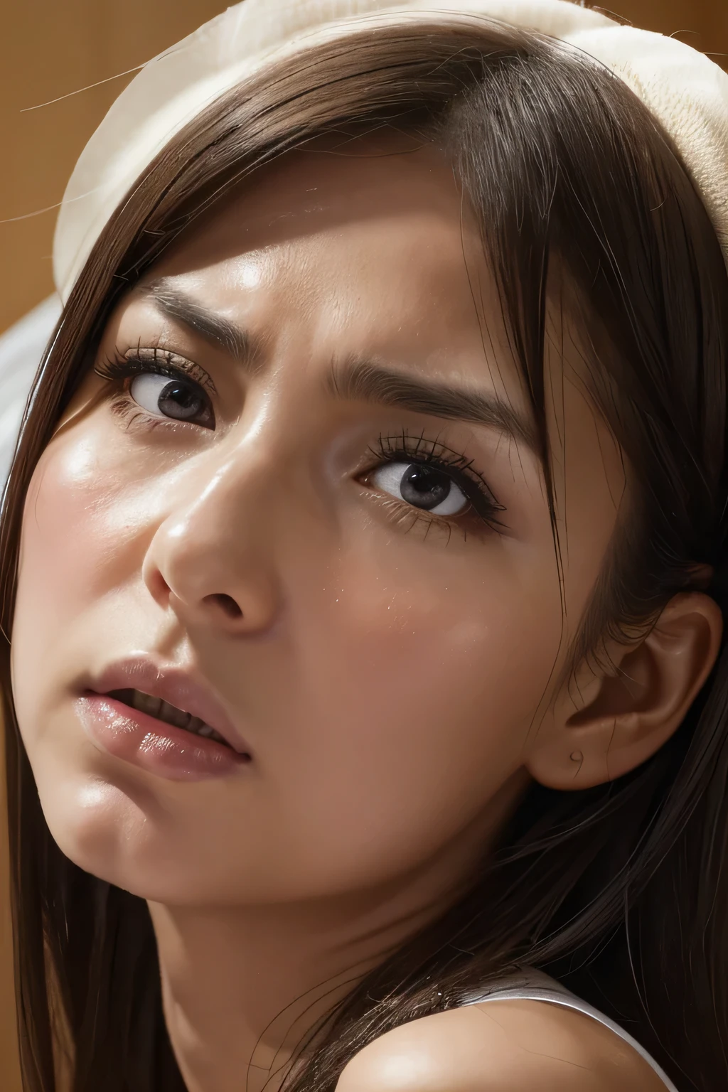 beautiful japanese,1 girl(masterpiece:1.2, highest quality), (realistic, photorealistic:1.4),, focus the eyes clearly, nose and mouth,face focus, super close up of face、 35 years old,black hair、symmetrical face,realistic nostrils、Angle from below、Elongated C-shaped nostril NSFW,(sharp nose)skin shining with sweat、shiny skin((thin eyebrows))oily skin、radiant glowing skin、double eyelid、Beautiful woman、medium hair,sharp nose（inside the elevator）((half-closed eyes,furrowed brow,frown,heavy breathing, moaning,heavy breathing,screaming, tearing up,scowl, crazy eyes, raised eyebrows, glaring, scowl)looking at viewer,look of disdain,Condescending face,