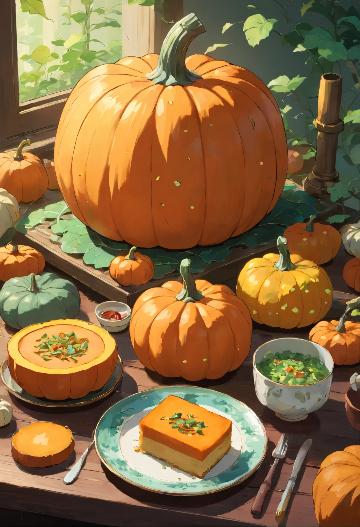 beautifully arranged pumpkin on a table,delicate stems with tender tips,crisp and fresh,artistic presentation,naturally vibrant colors,(best quality,4k,8k,highres,masterpiece:1.2),ultra-detailed,realistic:1.37,close-up details,textured green shoots,studio lighting,subtle shadows,aesthetic appeal,culinary inspiration,wholesome and healthy,