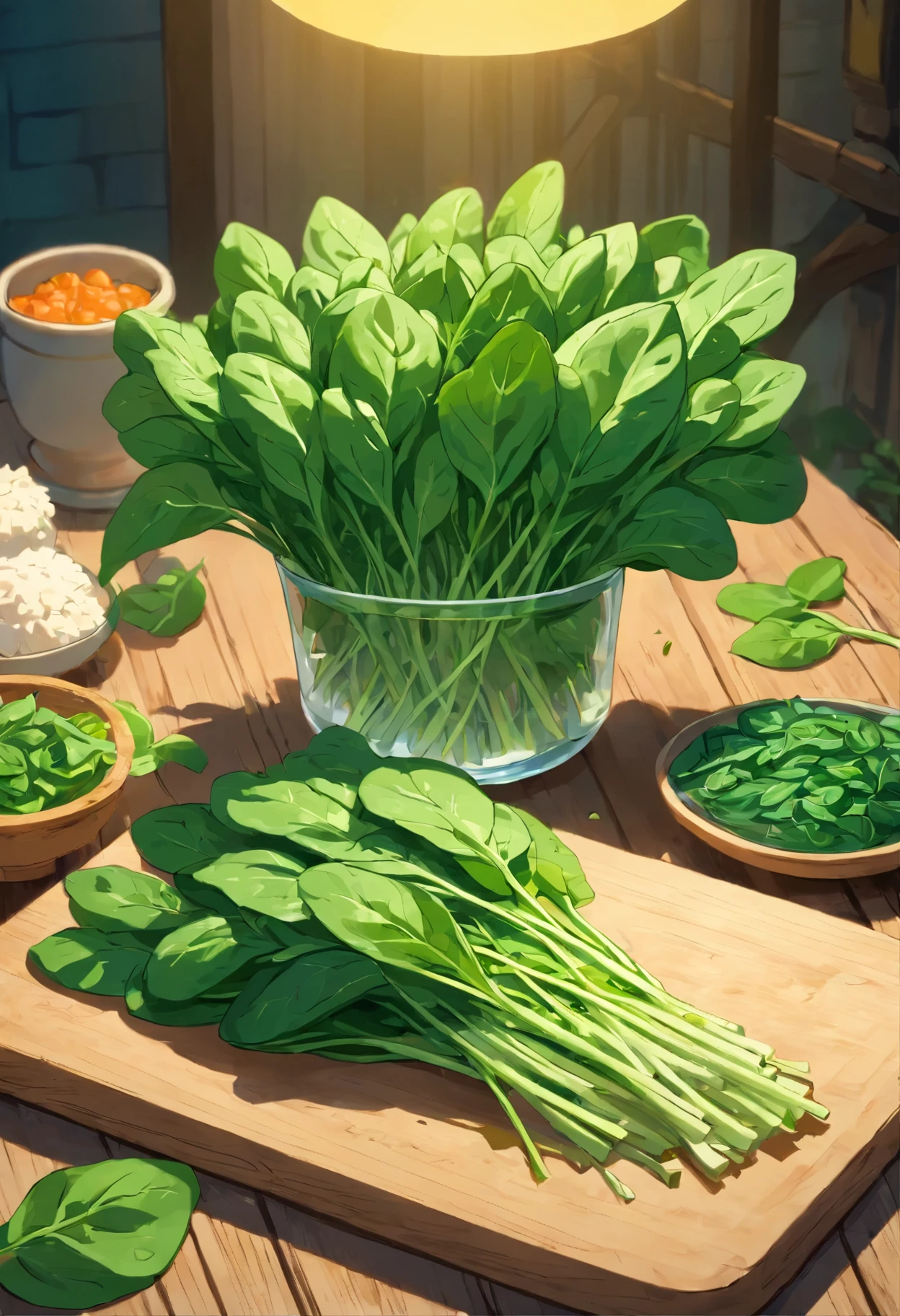 beautifully arranged spinach on a table,delicate stems with tender tips,crisp and fresh,artistic presentation,naturally vibrant colors,(best quality,4k,8k,highres,masterpiece:1.2),ultra-detailed,realistic:1.37,close-up details,textured green shoots,studio lighting,subtle shadows,aesthetic appeal,culinary inspiration,wholesome and healthy,