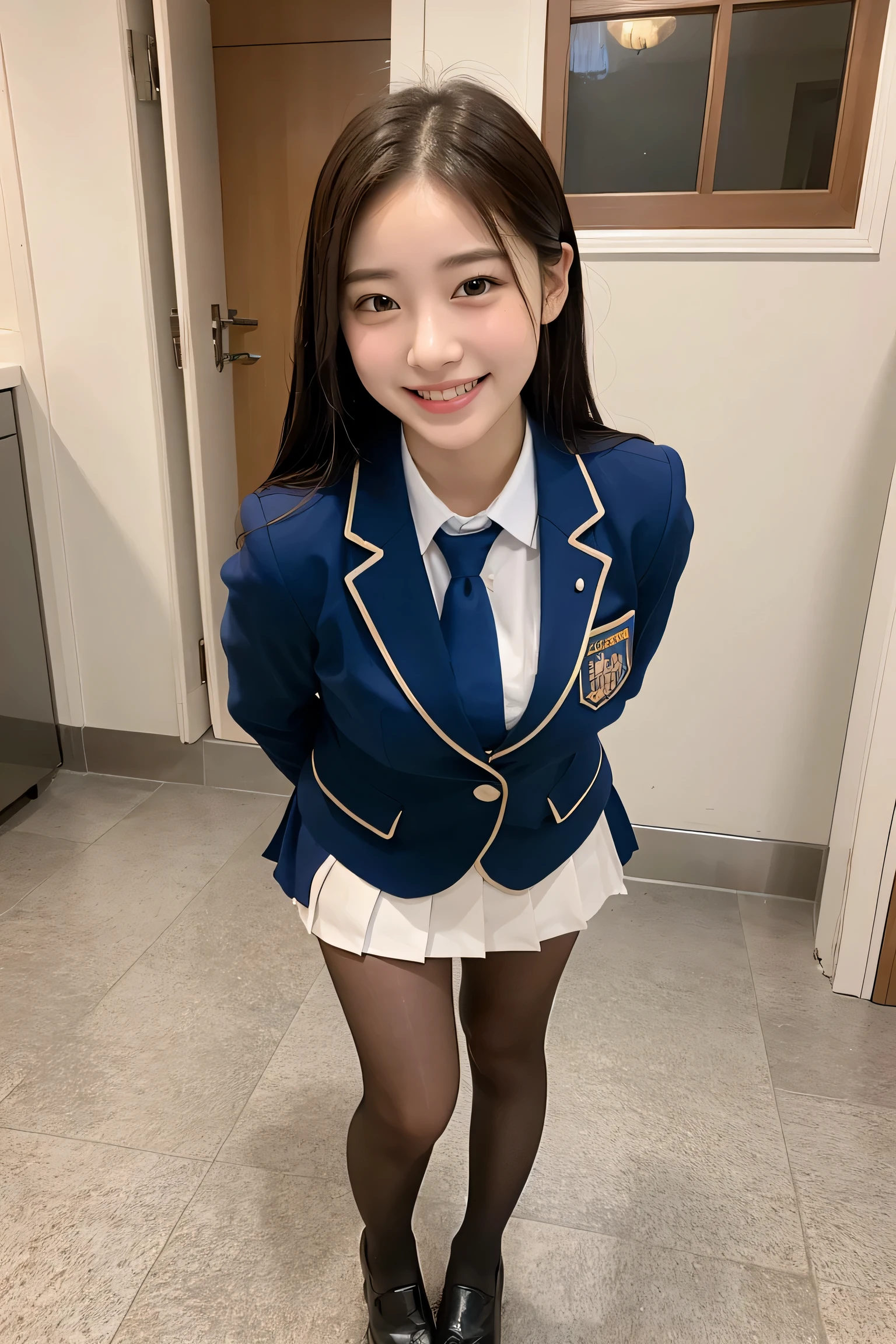 (8k), (highest quality: 1.2), (realistic), (realistic: 1.37), ultra high resolution, 1 girl, cute, smile, closed mouth, beautiful details, beautiful nose, wet hair, giant dulcefo, pork, thighs,selfie,College student uniform,simple blazer,pleated skirt,Standing,opaque tights, booty pose