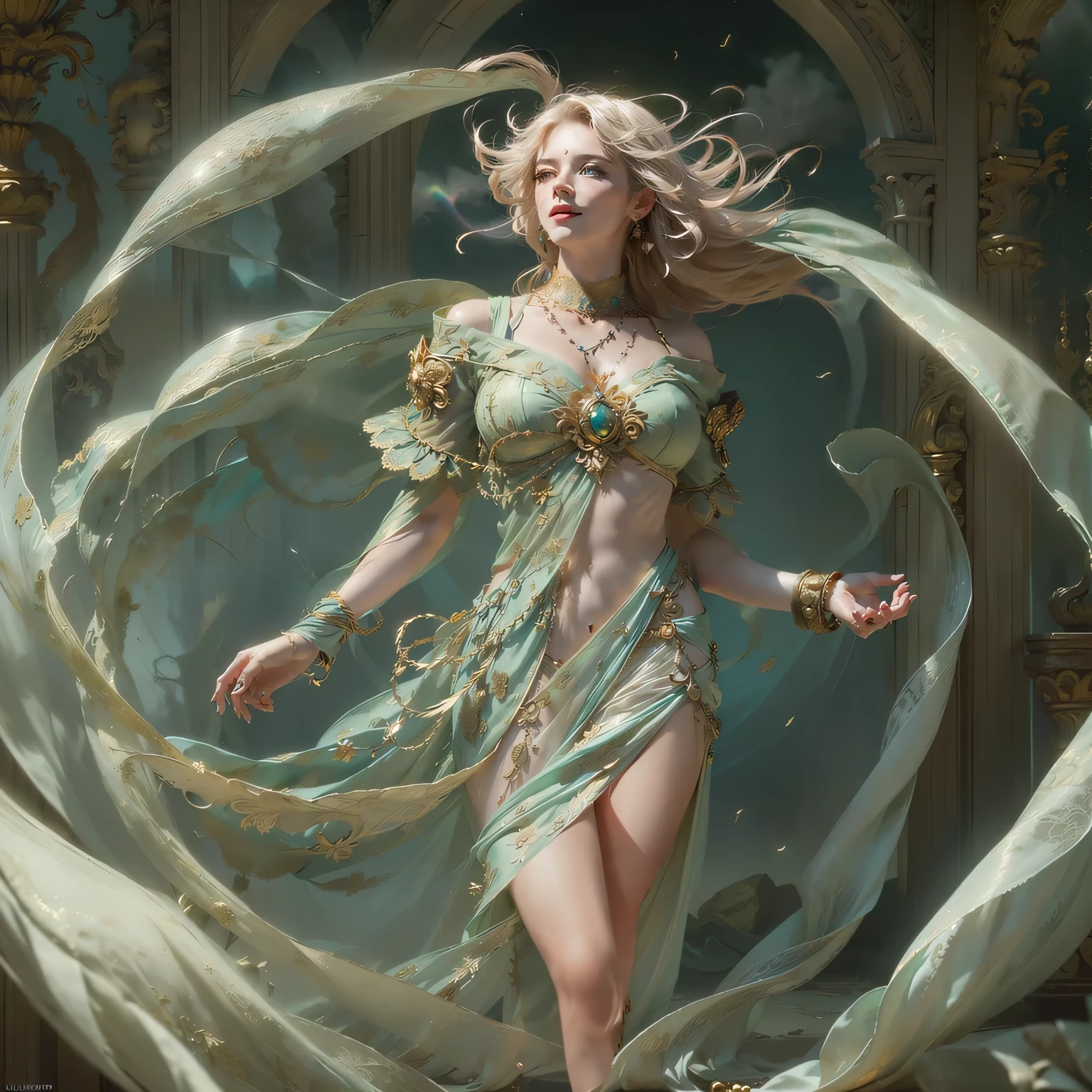 Female wind god, Green Skin, Full body image, Covered nipples, Flowing, silky blonde hair, White shawl
