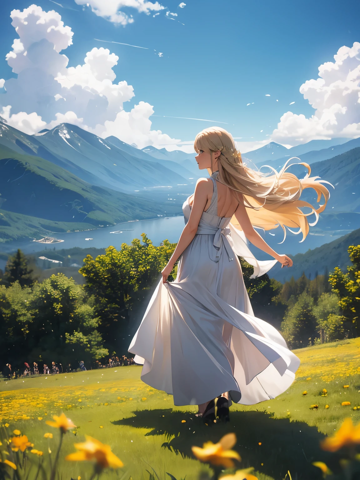 A woman with long blond hair stood on the grass covered with flowers., Long hair flowing in the wind, Wearing a white sleeveless dress,The skirt flies with the wind,
with a determined expression, She looked towards the distant destination in the mountains.
(break behind her), An orange-red maple forest extends into the distance, The leaves fly with the wind, Mountains rise in the distance.
