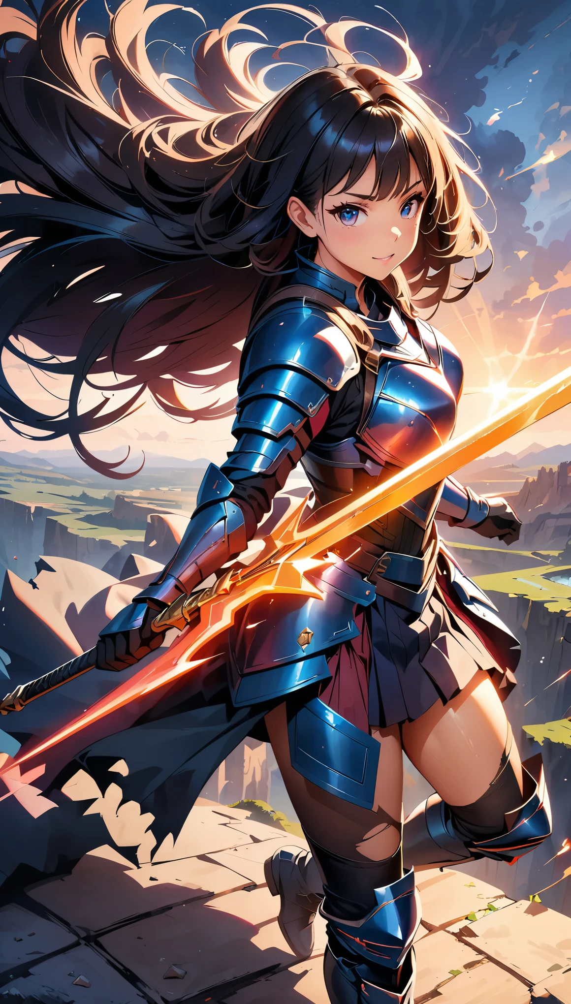 (highest quality、4K、8K、High resolution、masterpiece:1.2)、Super detailed、(anime style、photorealistic:1.37)、woman wielding a large sword、gorgeous armor、flowing hair、fierce expression、intense battle scene、dramatic lighting、vivid colors、powerful stroke、high contrast、heroic figure、Detailed armor and weapons、dynamic pose、war-torn landscape background