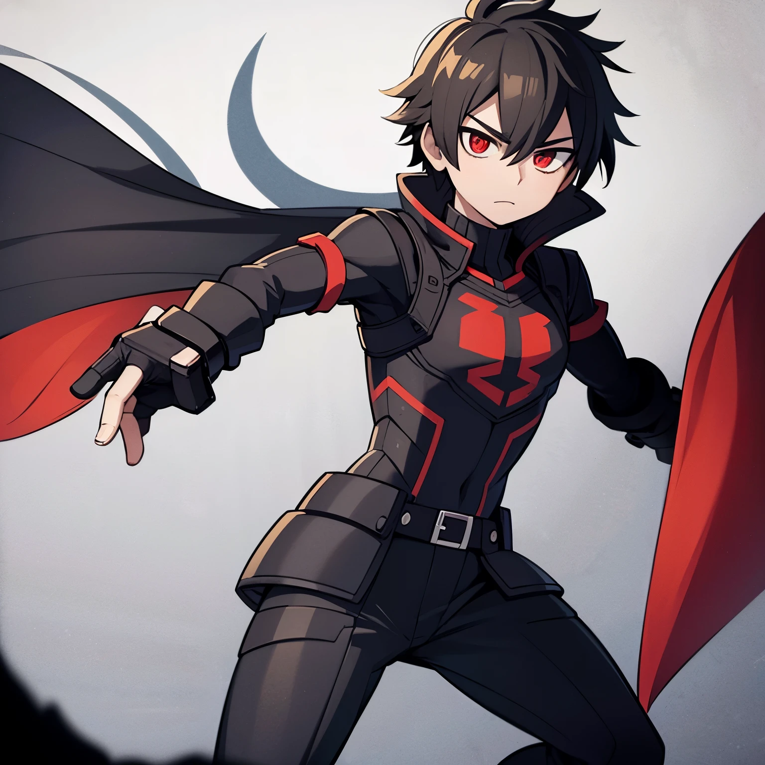 1boy, short black hair, red eyes, wearing black superhero armor, black cape, city, nighr, high res, ultrasharp, 8K, masterpiece, looking at viewer, caring expression