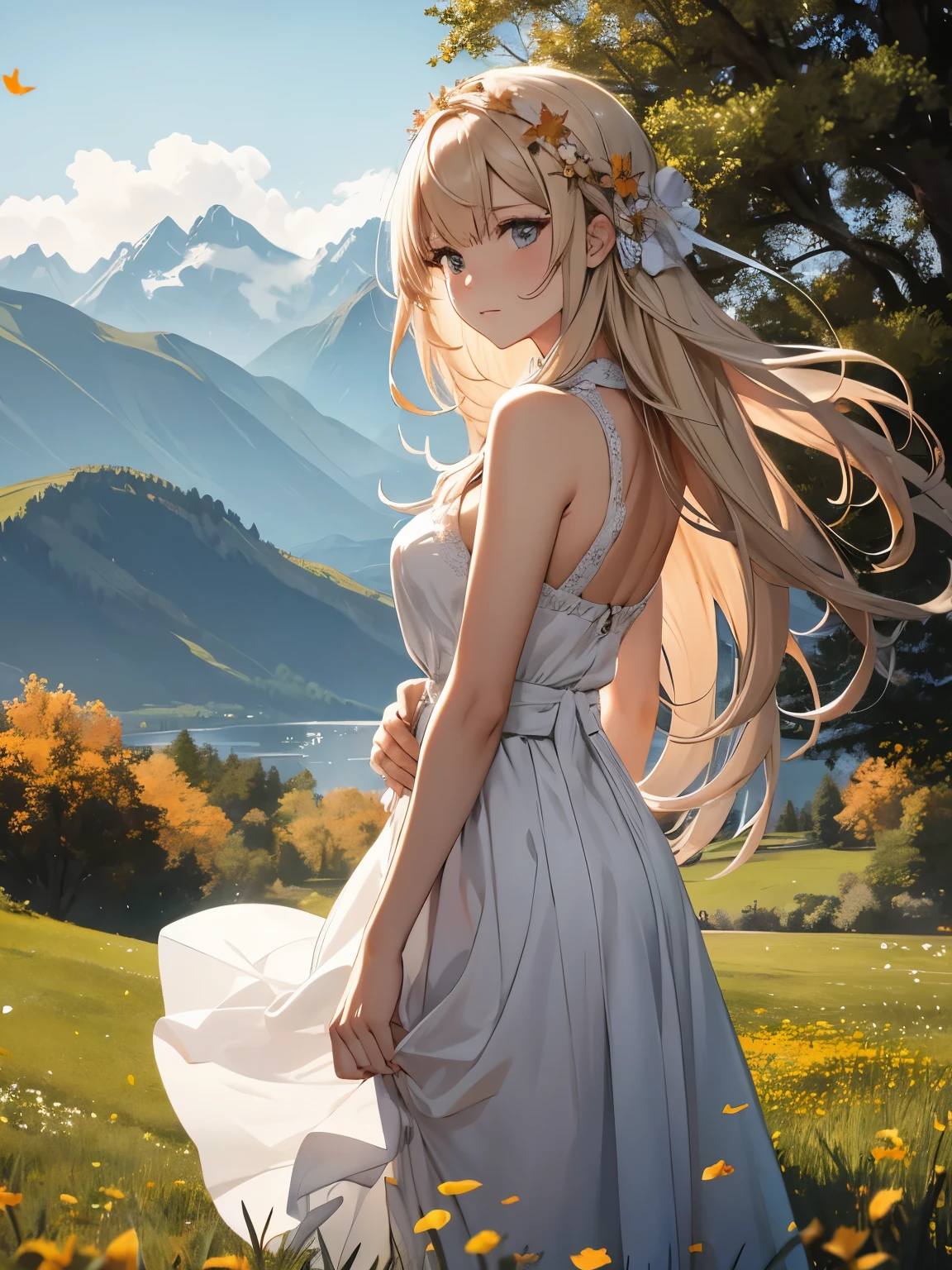 A woman with long blond hair stood on the grass covered with flowers., Long hair flowing in the wind, Wearing a white sleeveless dress，The skirt flies with the wind, 
with a determined expression, She looked towards the distant destination in the mountains.
(break behind her), An orange-red maple forest extends into the distance, The leaves fly with the wind, Mountains rise in the distance.