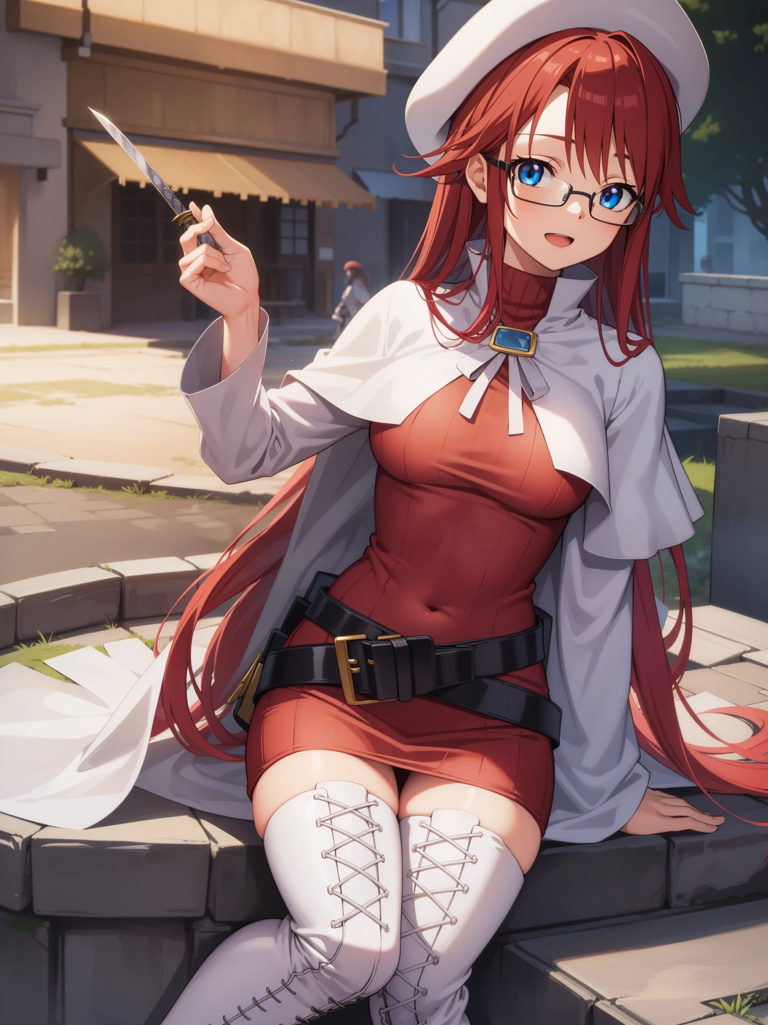 summonnightaty, aty, long hair, blue eyes, red hair, beret, hat, glasses,
BREAK long hair, thighhighs, hat, dress, boots, glasses, belt, cape, sweater, zettai ryouiki, beret, thigh boots, white footwear, ribbed sweater, loose belt,solo,
BREAK outdoors, fantasy_town,
BREAK (masterpiece:1.2), best quality, high resolution, unity 8k wallpaper, (illustration:0.8), (beautiful detailed eyes:1.6), extremely detailed face, perfect lighting, extremely detailed CG, (perfect hands, perfect anatomy),covered_nipples,covered_navel, affection_light_smile ,walking,(half_eyes:1.2),light_open_mouth,sword,armpit,sleepy,sitting_on_the_barrel,barrel,red_sweater,
