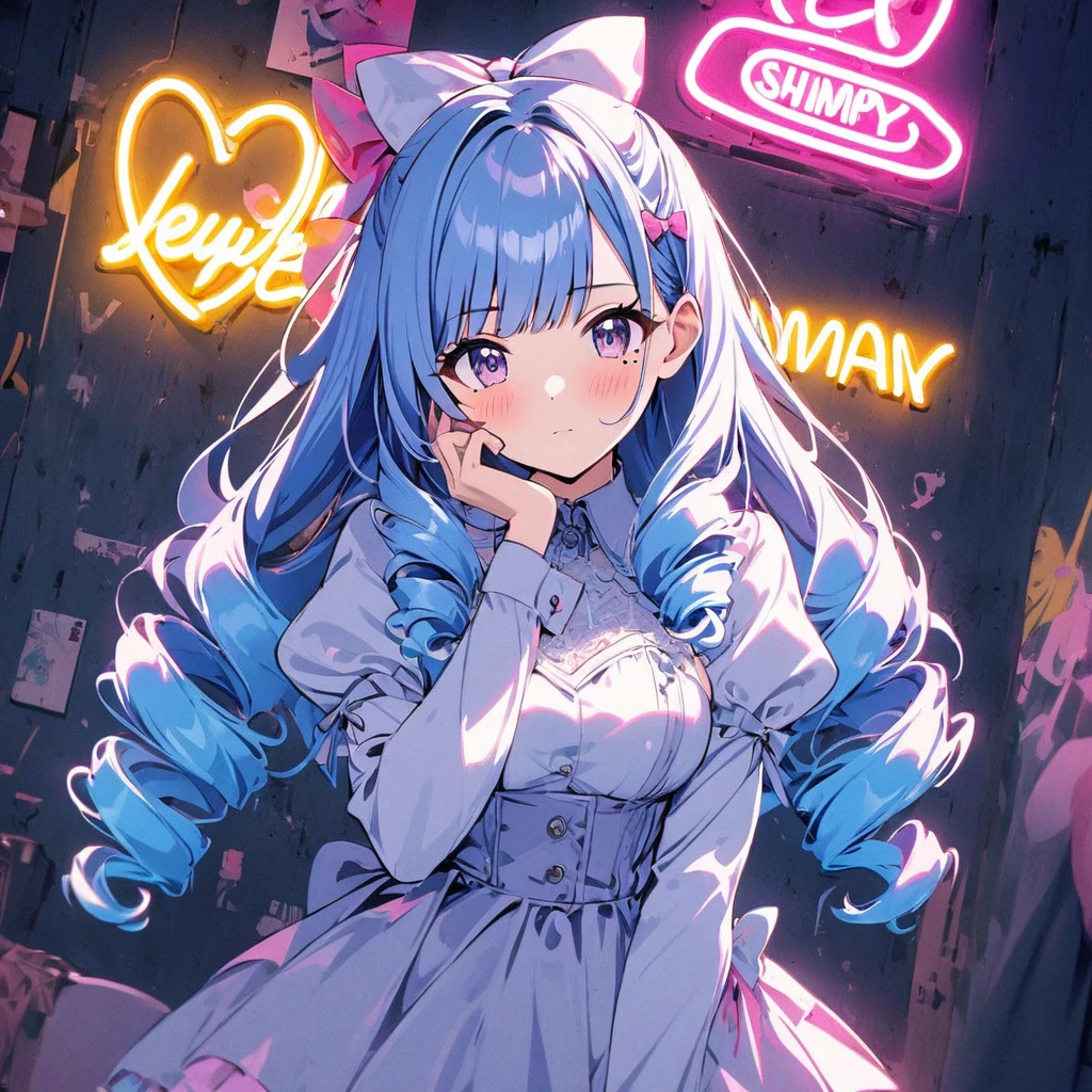 Neon Sign, PENeonSign, neon sign, glowing, colorful, 1girl, Neon Sign, bangs, blue hair, blunt bangs, blush, bow, breasts, closed mouth, commentary request, dress, drill hair, hair bow, hand on own face, highres, idolmaster, idolmaster shiny colors, juliet sleeves, long hair, long sleeves, looking at viewer, medium breasts, mole, mole under eye,