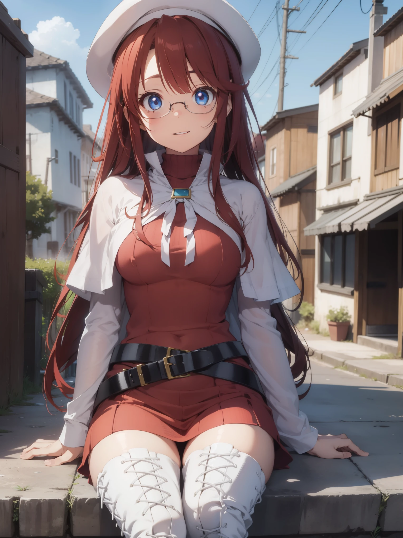 summonnightaty, aty, long hair, blue eyes, red hair, beret, hat, glasses,
BREAK long hair, thighhighs, hat, dress, boots, glasses, belt, cape, sweater, zettai ryouiki, beret, thigh boots, white footwear, ribbed sweater, loose belt,solo,
BREAK outdoors, fantasy_town,
BREAK (masterpiece:1.2), best quality, high resolution, unity 8k wallpaper, (illustration:0.8), (beautiful detailed eyes:1.6), extremely detailed face, perfect lighting, extremely detailed CG, (perfect hands, perfect anatomy),covered_nipples,covered_navel,light_smile ,walking,(half_eyes:1.2),light_open_mouth,sword,armpit,sleepy,sitting_on_the_barrel,barrel,red_sweater,