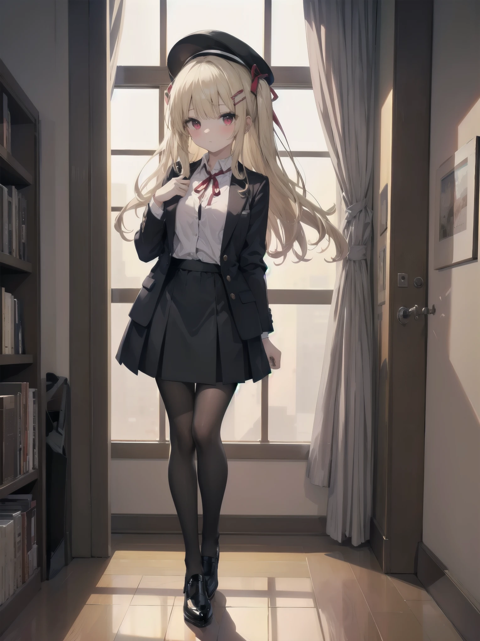 (Masterpiece: 1. 2), (Top quality: 1. 2), Anime girl, One, Blonde hair, Hair clip on right side of forelock, Black cap, Wine red eyes, White female shirt, Brand grey blazer, Small red ribbon across chest, Office clothes, One size larger shirt, Checked priss skirt, Black tights, tights with fine detail, full body, large breasts, front view, alone, bruised and super cute