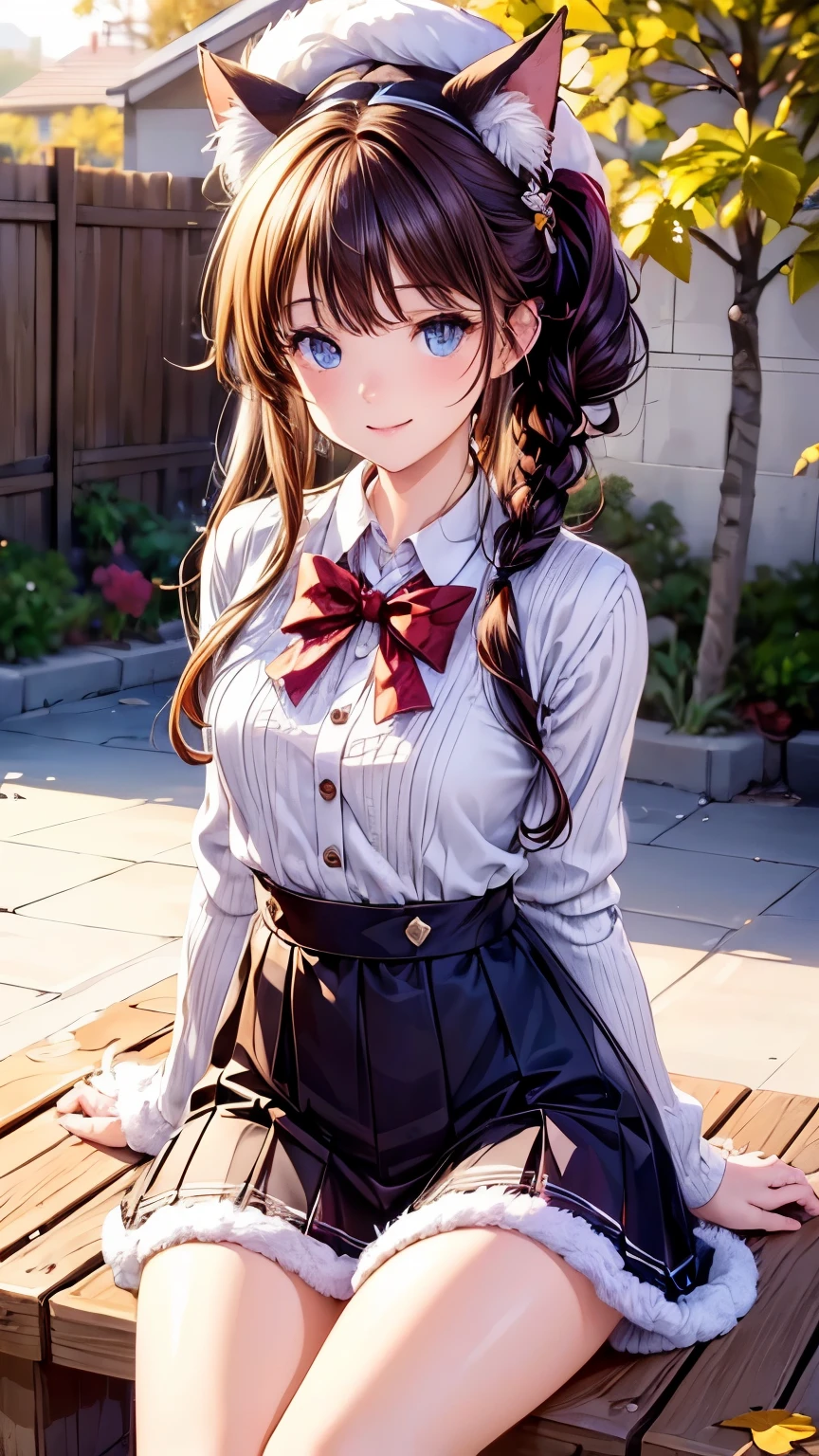 (best quality, highres:1.5), 1cat, adorable, detailed features, expressive eyes, pointed ears, fluffy tail, school backpack, collar tag, dressed in small , knitted sweater, school hat, holding pencil and textbook, sunny day, outdoor setting, surrounded by autumn leaves, striped shirt, smiling, looking at viewer, playful pose, white paws, realistic fur texture, soft focus, warm lighting.