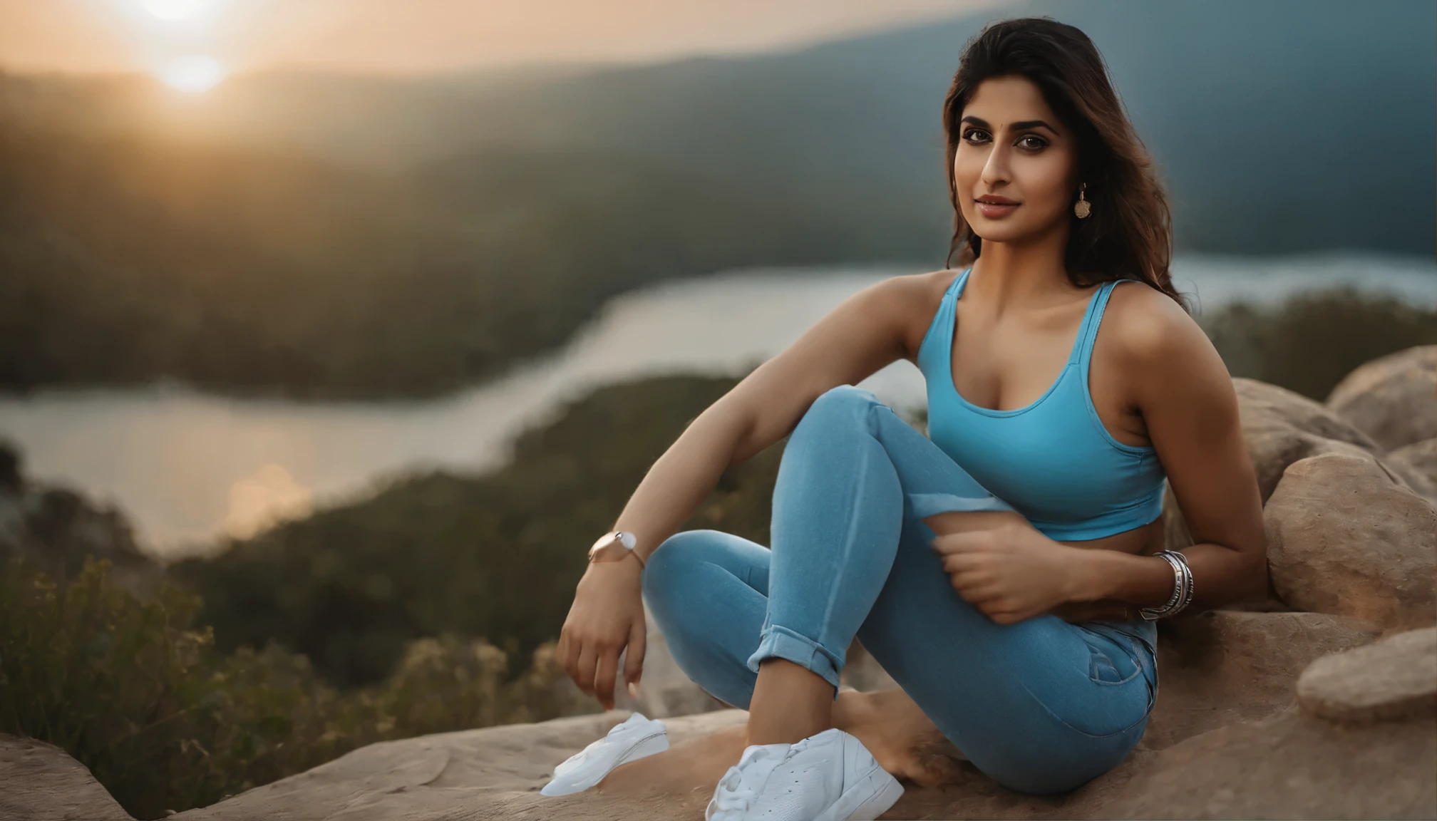 there a woman isma young beautiful indian woman,face features like katrina kaif,wearing light blue crop top and blue distress jeans,smart watch in left hand ,nosering,wearing white nike sneakers,full picture with smilling face and stylish pose,middle length hair woman with blue eyes,Realism,Realism