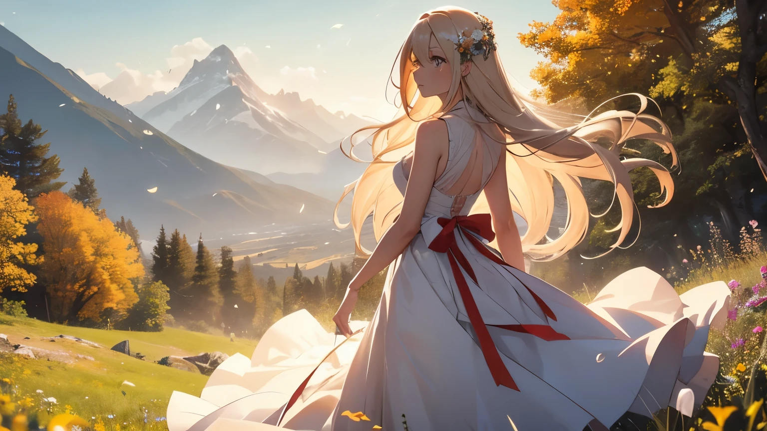 A woman with long blond hair stood on the grass covered with flowers., Long hair flowing in the wind, Wearing a white sleeveless dress,The skirt flies with the wind,
with a determined expression, She looked towards the distant destination in the mountains.
(break behind her), An orange-red maple forest extends into the distance, The leaves fly with the wind, Mountains rise in the distance.