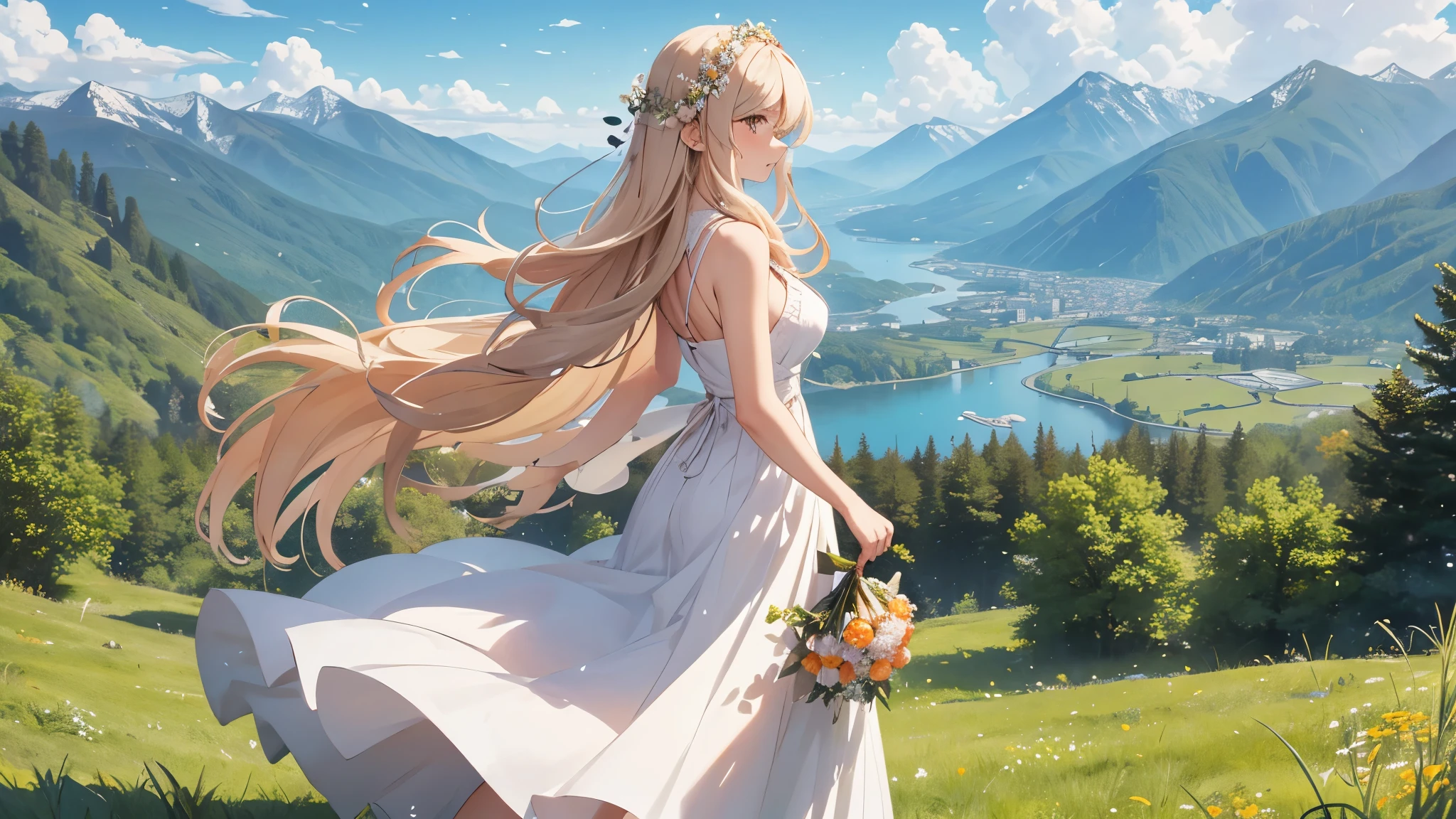 A woman with long blond hair stood on the grass covered with flowers., Long hair flowing in the wind, Wearing a white sleeveless dress，The skirt flies with the wind, 
with a determined expression, She looked towards the distant destination in the mountains.
(break behind her), An orange-red maple forest extends into the distance, The leaves fly with the wind, Mountains rise in the distance.