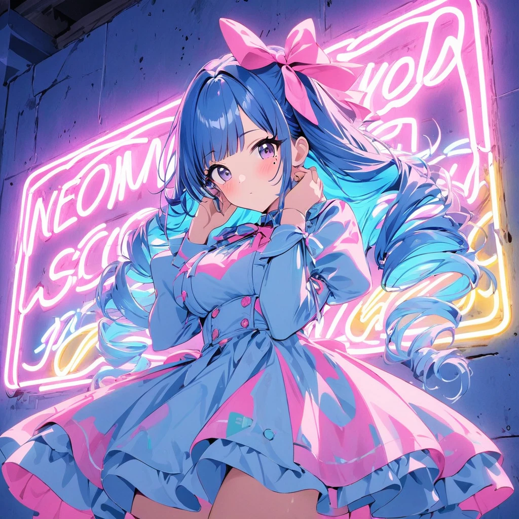Neon Sign, PENeonSign, neon sign, glowing, colorful, 1girl, Neon Sign, bangs, blue hair, blunt bangs, blush, bow, breasts, closed mouth, commentary request, dress, drill hair, hair bow, hand on own face, highres, idolmaster, idolmaster shiny colors, juliet sleeves, long hair, long sleeves, looking at viewer, medium breasts, mole, mole under eye,