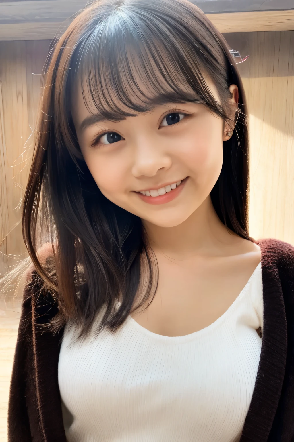 smile、night、Raw photo、(((ultimate beauty portrait)))、((glowing skin))、1 girl、bright look、(flare skirt:1.5)、((Big eyes that shine like jewels))、open cardigan、open your clothes、Glossy, glowing skin、(short hair)、(silky smooth hair)、(Are standing)、eyeliner、beautiful bangs、hair between eyes、最high quality、Super detailed、film light、intricate details、High resolution、very detailed、detailed background、8KUHD、Digital single-lens reflex camera、soft light、high quality、film grain、Fujifilm XT3 、shallow depth of field、natural soft light