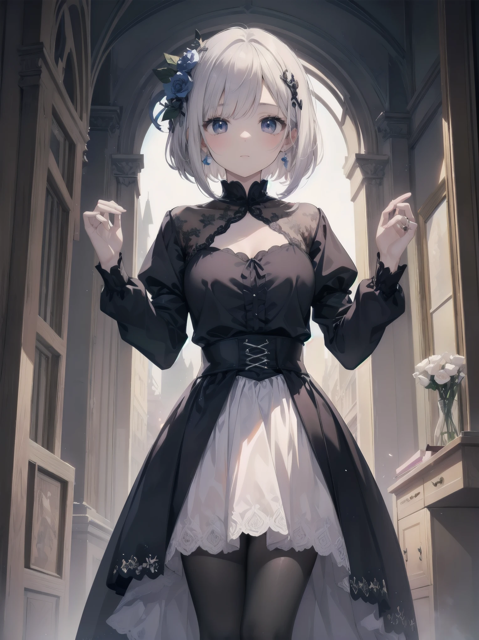 Concept:Childhood Bride: A wedding ring shining on the ring finger
Fusion of medieval European fashion
Emphasis on the elements of cuteness and longing
Illustrations of poses that express the overwhelming cuteness of the characters in the foreground
Overwhelming architectural and cityscape backdrops with ultra-detailed and richly detailed modern interpretations of medieval Europe and fantasy worlds
Realistic textures, professional artistic shading and light sources, scene-like cinematography and effects, subject depth
One beautiful girl, super cute, bob cut, side ponytail, perfect anatomy
Colors: pastel, white, pale purple, blue, gingham check
Materials: chiffon, lace, satin, velvet, etc.
Silhouette: Fluffy skirt, A-line, long length
Decoration: Ruffles, ribbons, lace, pearls, embroidery, etc.
Coordinates: Romantic princess: pastel-colored dress, lace blouse, fluffy skirt, ribbon hair accessory, black tights
Add accessories and accessories for a unique look