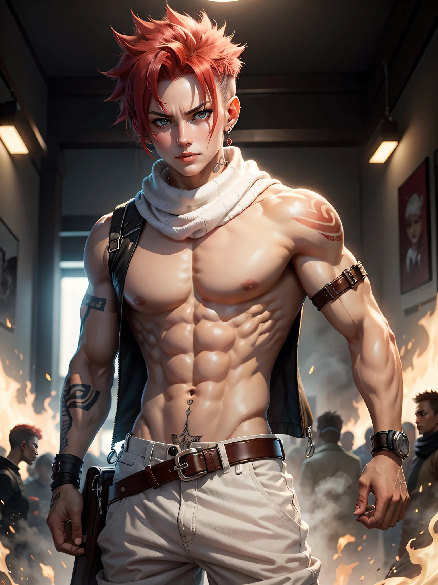 scarf, 1 boy, focus man, abdomen, electricity, alone, tattoo, white scarf, belt, navel, trousers, gag, stalwart, red hair, spiky hair, look at viewer, open clothes, vest, black background, Cowboy Shot, serious, Zanpaku, breast, Sleeveless, Wristband, white trousers, bare shoulders, Raise your hand, compact, V shaped eyebrows, head belt, shoulder tattoo, arm tattoo