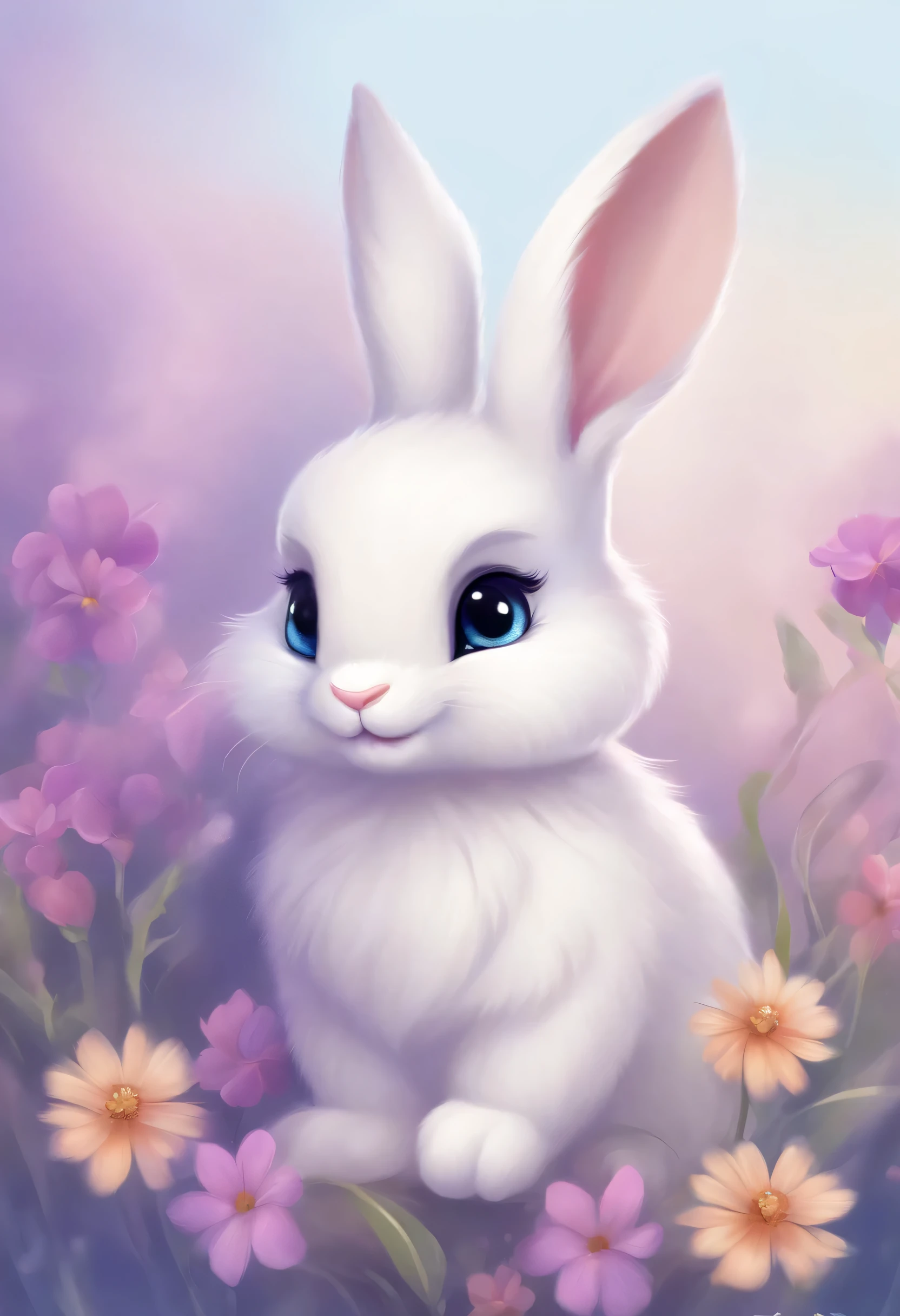 a lovely, very fluffy bunny, have small ears, blue eyes, expectations, purple background, flowers, vase, Caroline Chariot - Dayez Pastels, Douban, furry art, Elokiti, Disney&#39;s Bambi, Furry Disney style, floating ears, fluffy tail , fluffy '', fluffy!!!, High resolution, furry art!!! Small size, realistic support