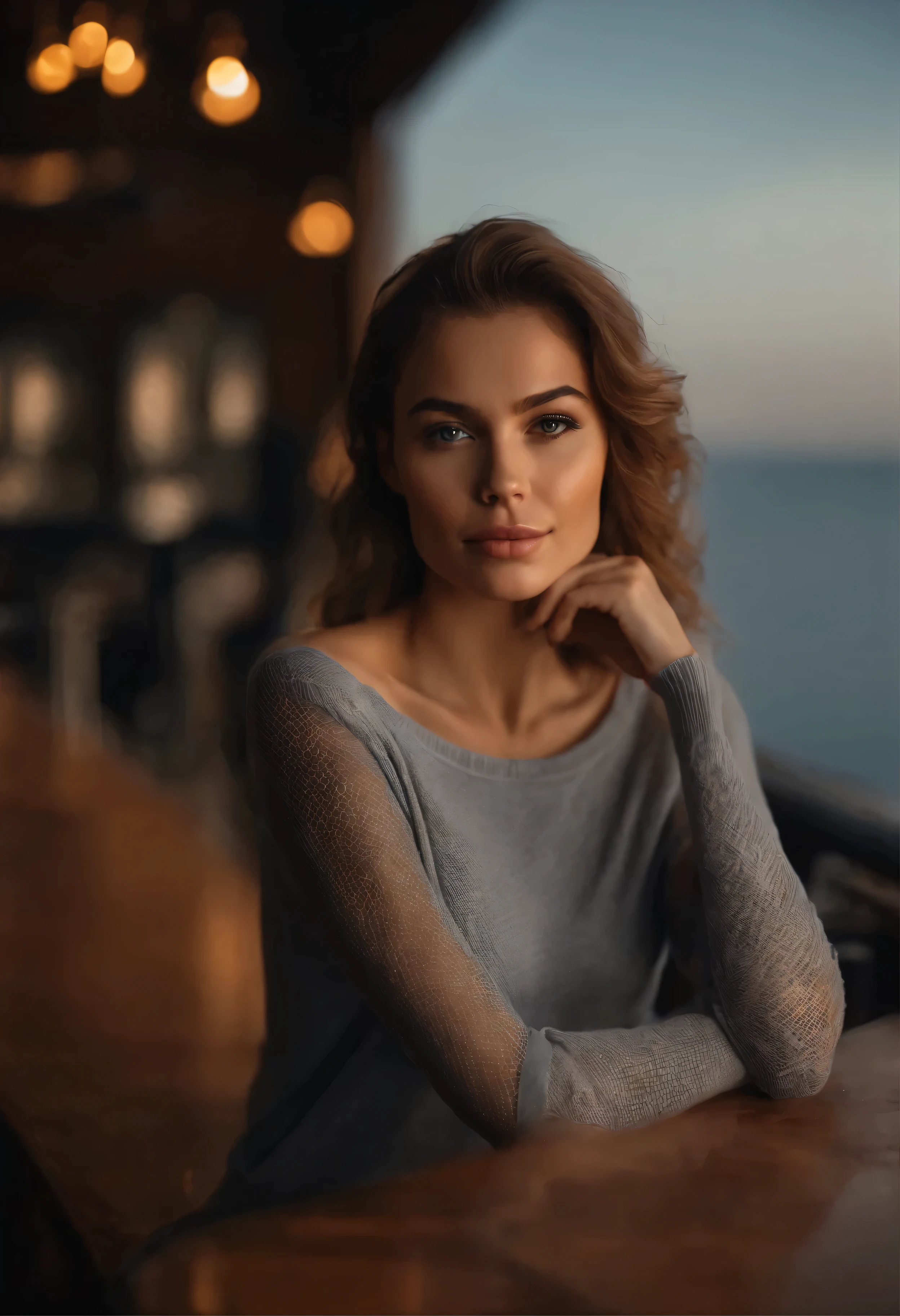 8K, highest quality, realistic pictures, realistic details, clean face, delicate features, real skin glow, beautiful, shy, towards the camera, Girl sitting at a bar wearing a gray fishnet sweater and tight jeans, clean the bottom of the bar, sea view, put your arm on the bar counter, hip, Because I'm slender, 24years, attractive, enchanting eyes