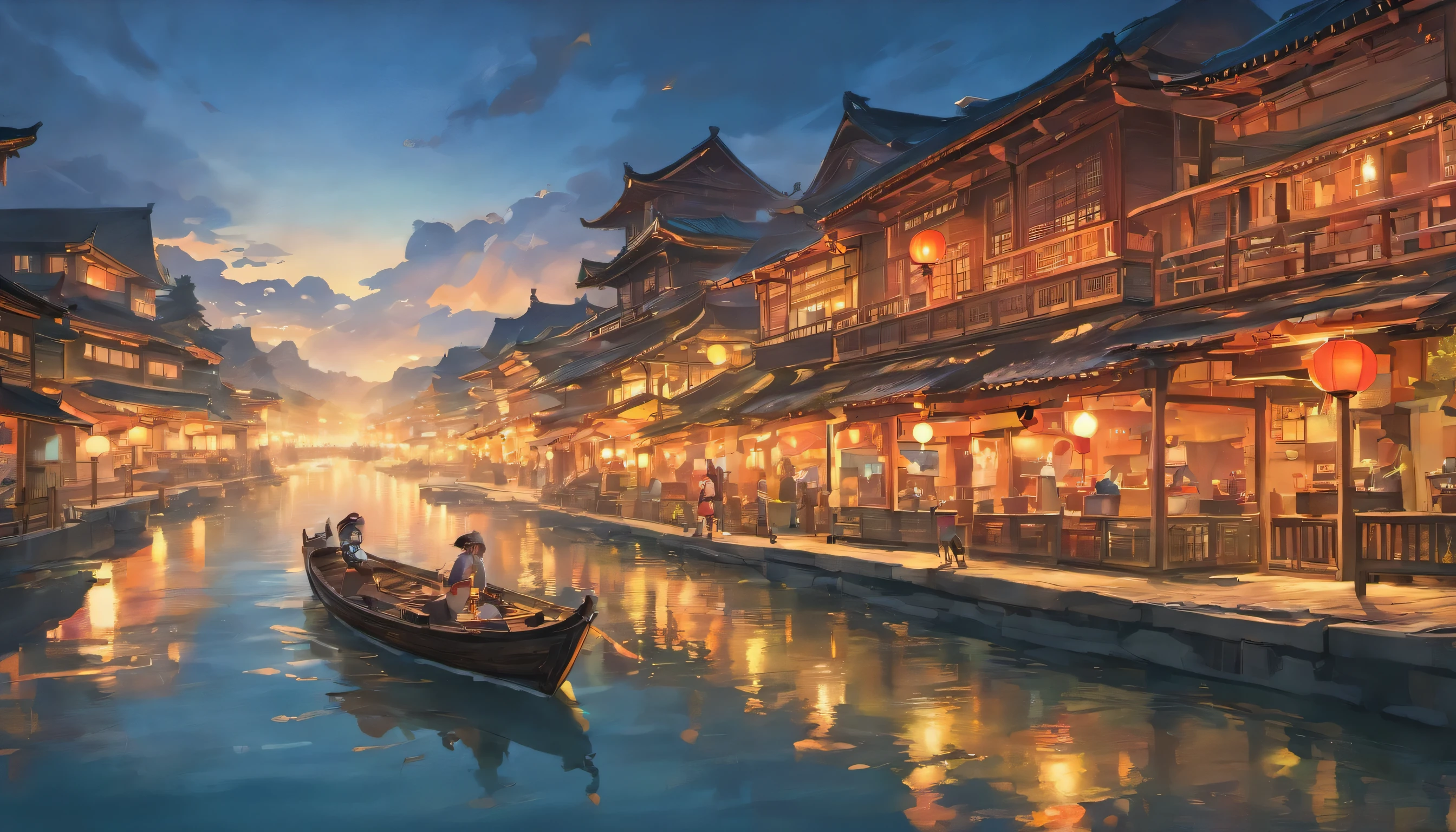 Art graphics, Big fish begonia illustration style,River painting with boats and buildings in the background, Chinese artist, Chinese watercolor painting, old Chinese building, landscape artwork, Chinese watercolor style, Dreamy Chinese town, china village, Chinese watercolor painting, author:Shen Shizhen meticulously cleans, Authentic illustrations,highest quality,artistic