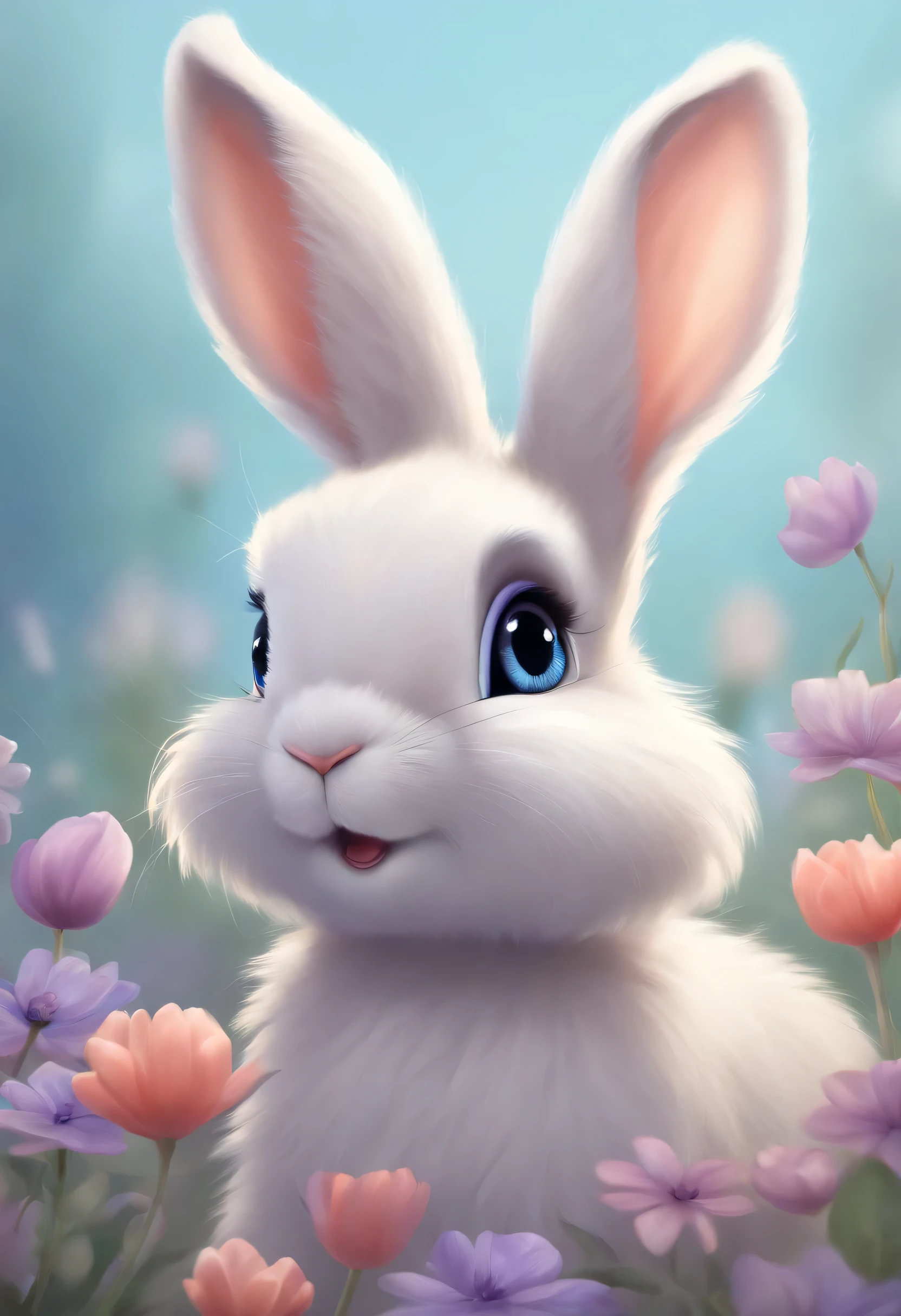 a lovely, very fluffy bunny, have small ears, blue eyes, expectations, purple background, flowers, vase, Caroline Chariot - Dayez Pastels, Douban, furry art, Elokiti, Disney&#39;s Bambi, Furry Disney style, floating ears, fluffy tail , fluffy '', fluffy!!!, High resolution, furry art!!! Small size, realistic support