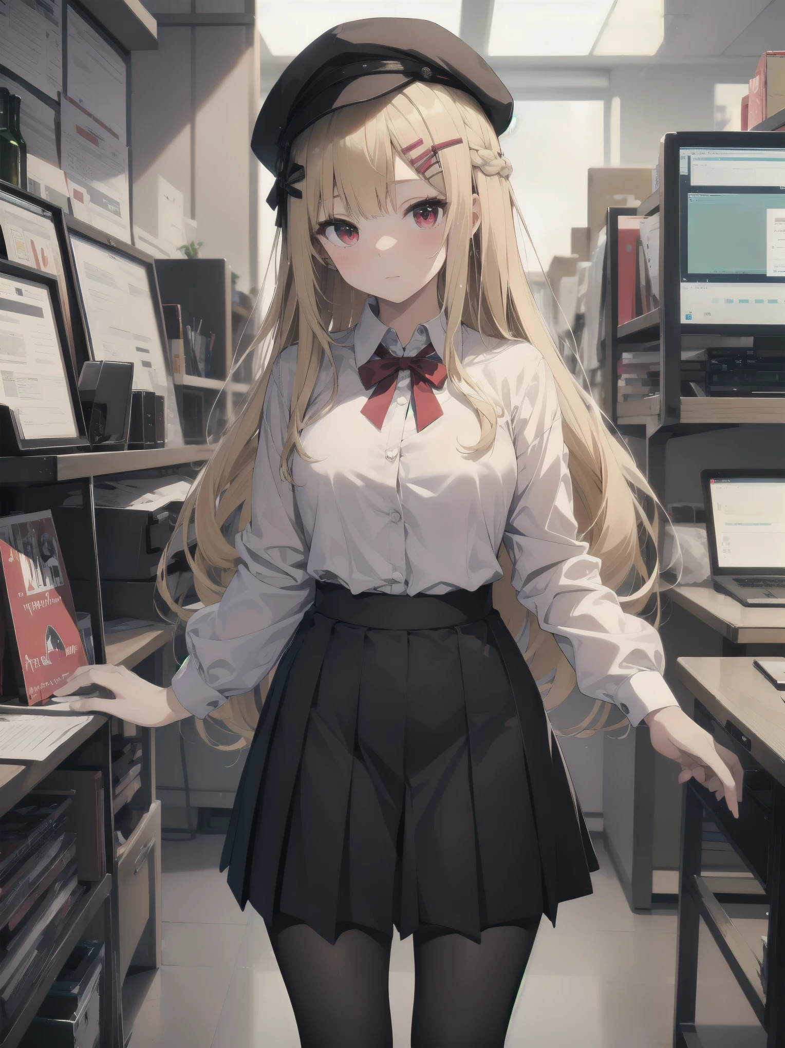 (Masterpiece: 1. 2), (Top quality: 1. 2), Anime girl, One, Blonde hair, Hair clip on right side of forelock, Black cap, Wine red eyes, White female shirt, Brand grey blazer, Small red ribbon across chest, Office clothes, One size larger shirt, Checked priss skirt, Black tights, tights with fine detail, full body, large breasts, front view, alone, bruised and super cute