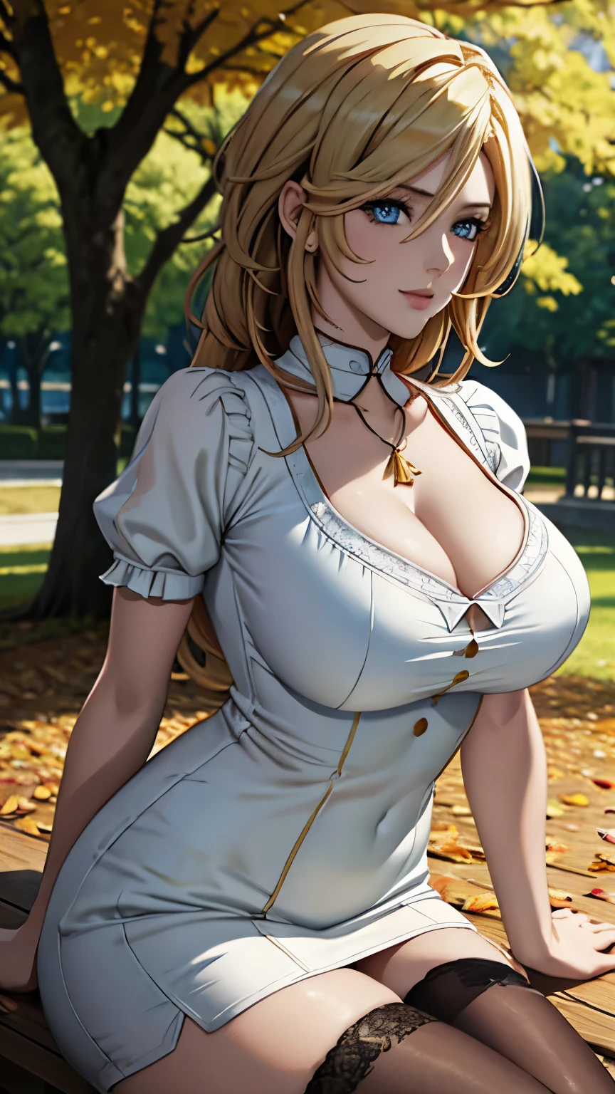 blue eyes, (highest quality, masterpiece painting:1.3), mature woman, 20 years old, (half body shot), masterpiece, ultra high resolution, (Photoreal:1.0), gold hair, beautiful shining hair, white and shining skin, ((Ultra realistic details)), octane rendering, highly detailed face, (big breasts:0.8),(sexy and cute cheongsam,red and white contrast outfit,delicate decoration:1.2), open neckline, (necklace:1.0),cleavage, perfect body, soft skin, anime face, perfect face, perfect eyes, looking at the viewer, smart, Under autumn leaves tree background, Autumn leaf petals are falling, outdoors,shrine, sharp focus, intricate details, professional artwork, (bright colors:1.1), bright colors, diffused lighting, digital blending, ultra-definition body, ultra detail hair, super detailed face, that'It's trending on pixiv, top button open, Cute gaze, compensate, perfect lips, perfect compensate, Ultra-precision coating, (light_smile:1.0), (Very embarrassed:0.8),