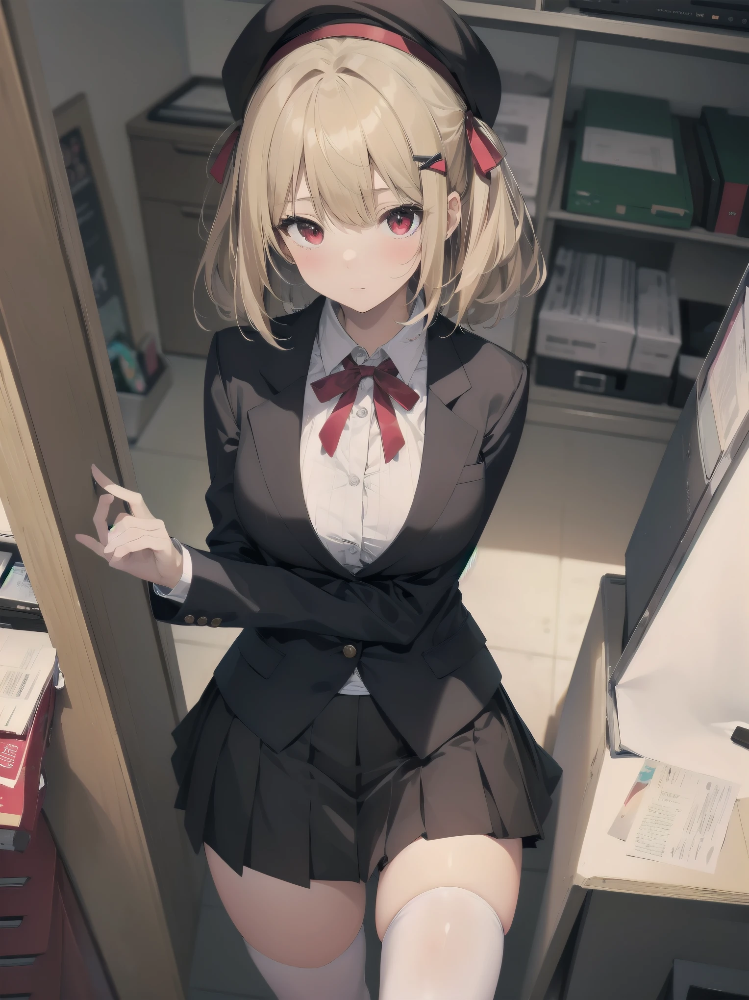 (Masterpiece: 1. 2), (Top quality: 1. 2), Anime girl, One, Blonde hair, Hair clip on right side of forelock, Black cap, Wine red eyes, White female shirt, Brand grey blazer, Small red ribbon across chest, Office clothes, One size larger shirt, Checked priss skirt, Black tights, tights with fine detail, full body, large breasts, front view, alone, bruised and super cute