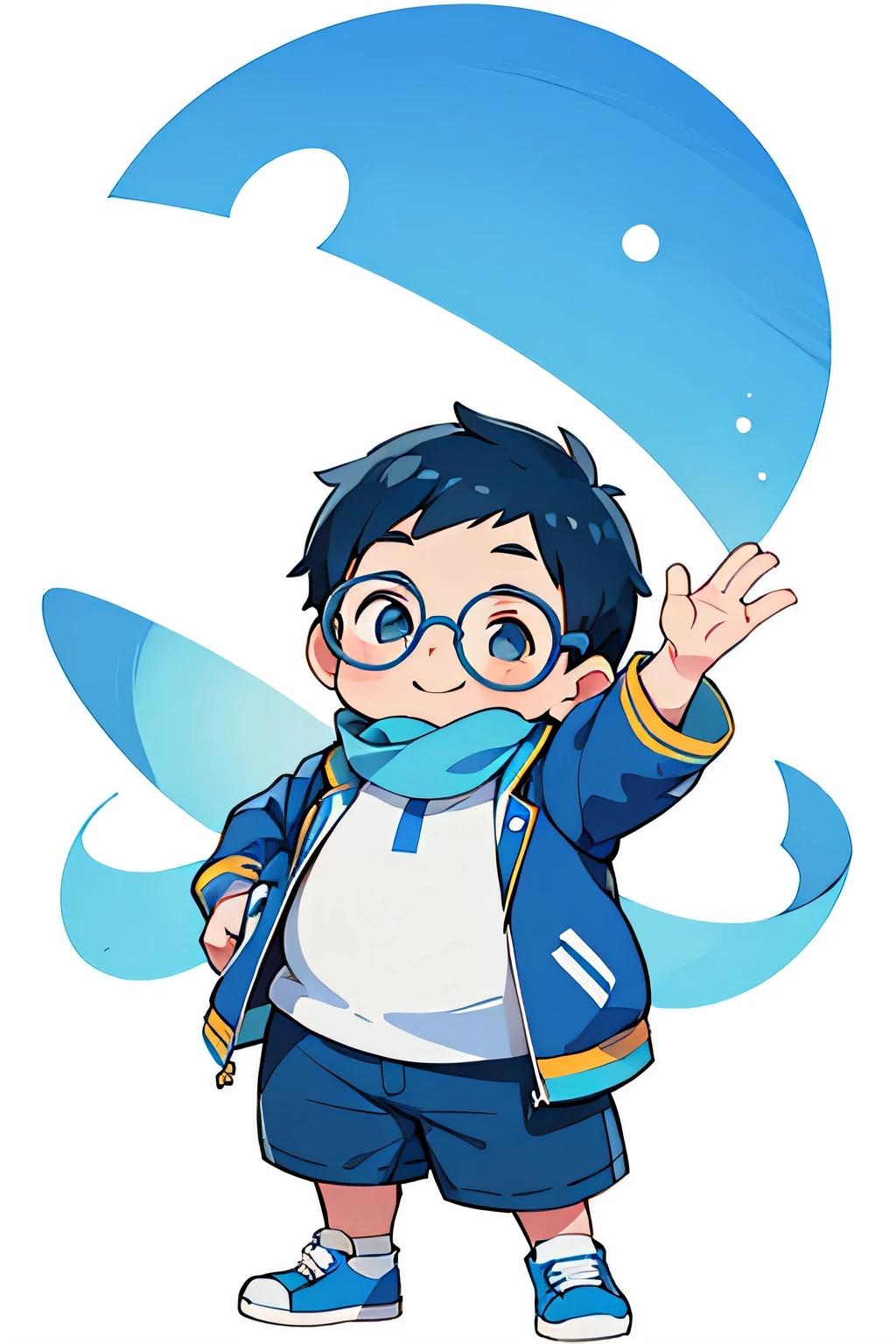 fat boy, face round, wear glasses, blue jacket with hood,White t-shirt, blue shorts, blue sneakers, Smile, Scarf, in a panoramic view, Front, [transparent image background], chibi,standing straight, looking in front, white background, only 1 character