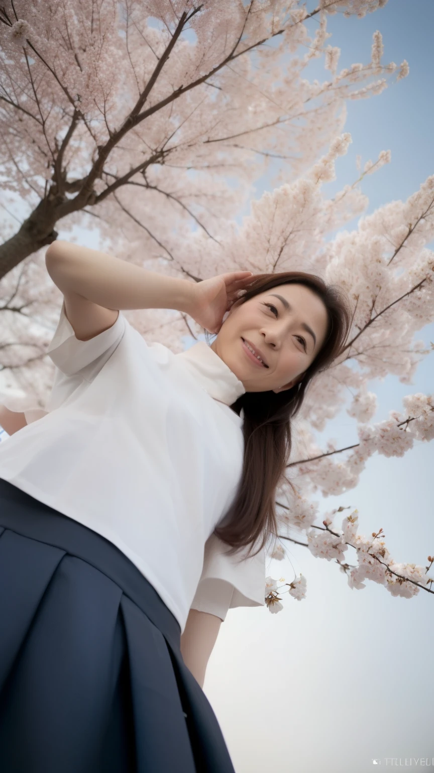NSFW, ((highest quality)), ((8K)), ((masterpiece:1.3)), (perfect appearance), (photorealism:1.2), ((A woman walking under a blooming cherry tree)), japanese woman, (47 years old), married woman, ((High quality skin texture 1.6)), (Fine wrinkles all over the skin:0.4), (dull skin:1.2), moisturized skin, (wrinkles on the face:1.2), (Wrinkles at the corners of the eyes:1.2), double eyelids, Tear bag on lower eyelid, (Crying Kuroko:0.9), long hair, (ウェーブしたlong hair), (Hair hanging over the ears), (hair blowing in the wind), Thin blouse with wide neckline, flare long skirt, smiling kindly, (Stand with your legs shoulder-width apart), high heels, ((whole body)), (standing position), vagina visible, (super low angle:1.5), (Angle from directly below:1.4),