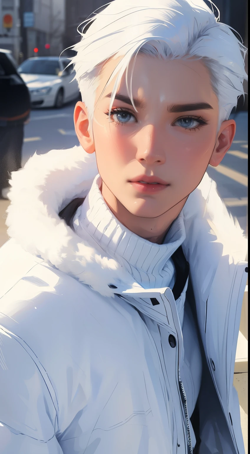 Boy, white hair, blue eyes, serious sharp features, white skin, sweater, jacket